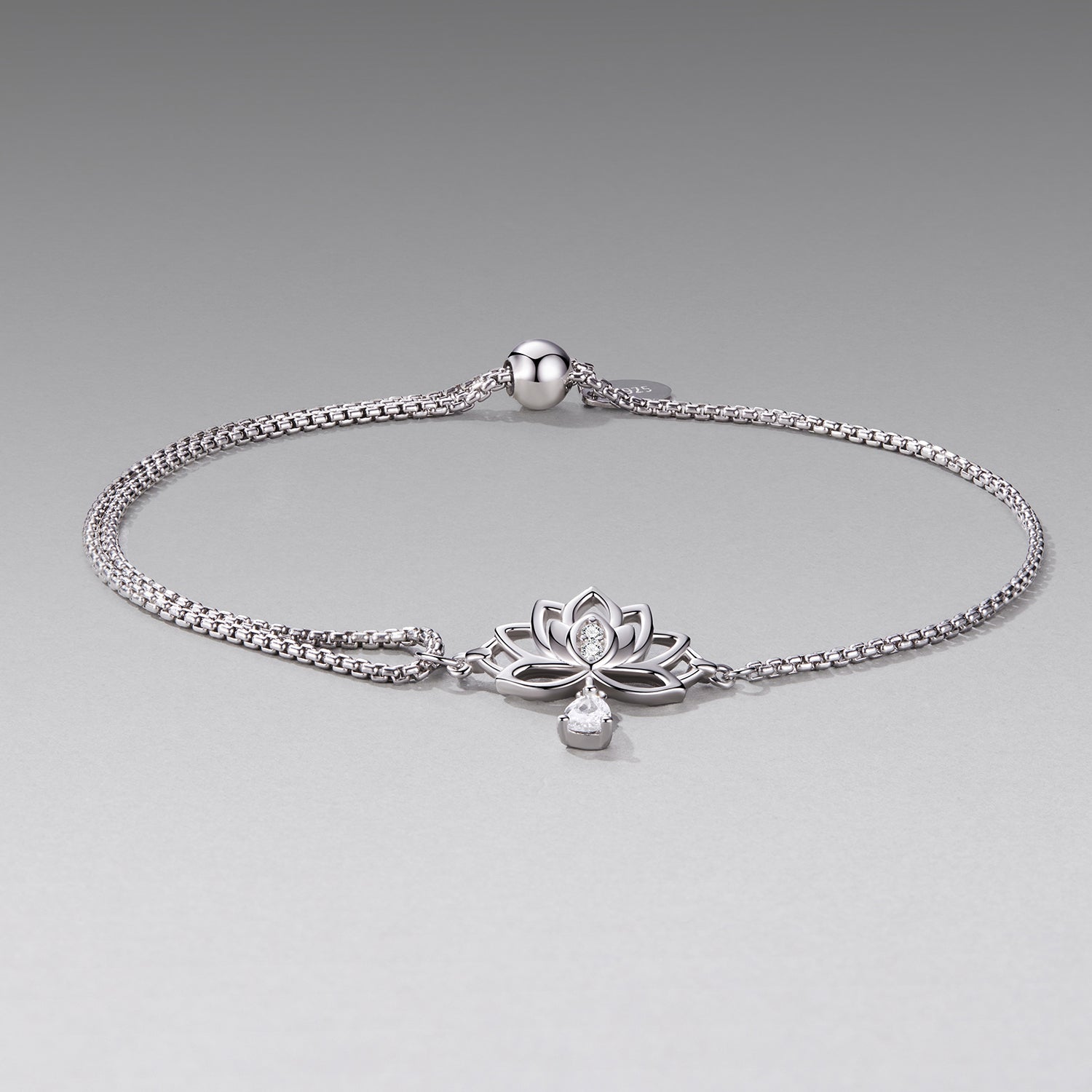 925 Sterling Silver Adjustable Chain Bracelet with White Gold Plating and CZ for Women