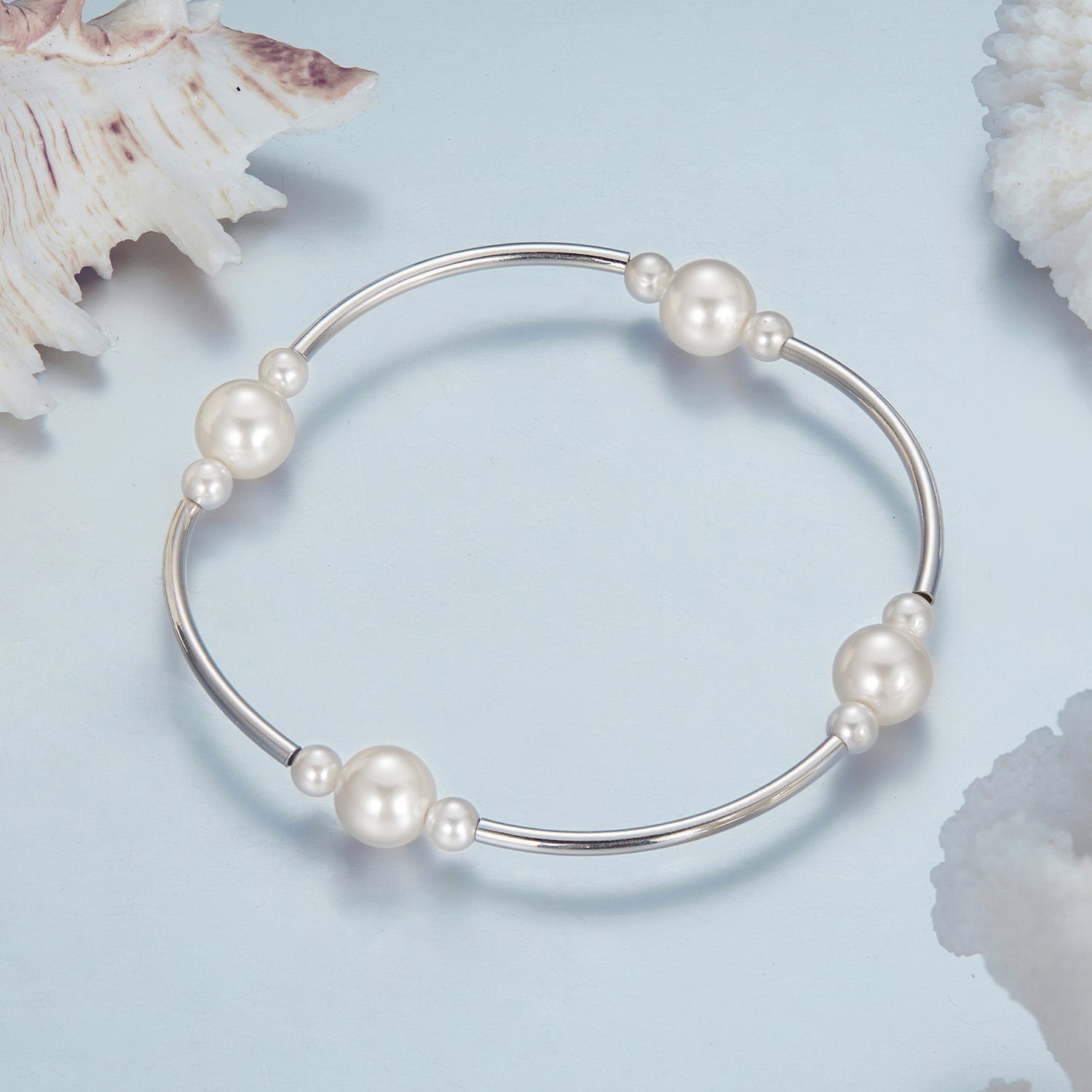 925 Sterling Silver Shell Pearl Stretchable Bracelet for Women