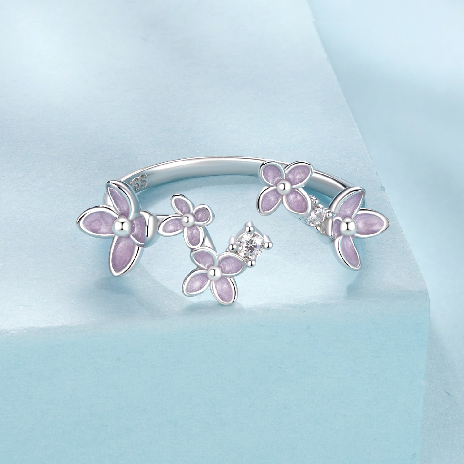 925 Sterling Silver White Gold Plated Ring with Enamel and CZ for Women