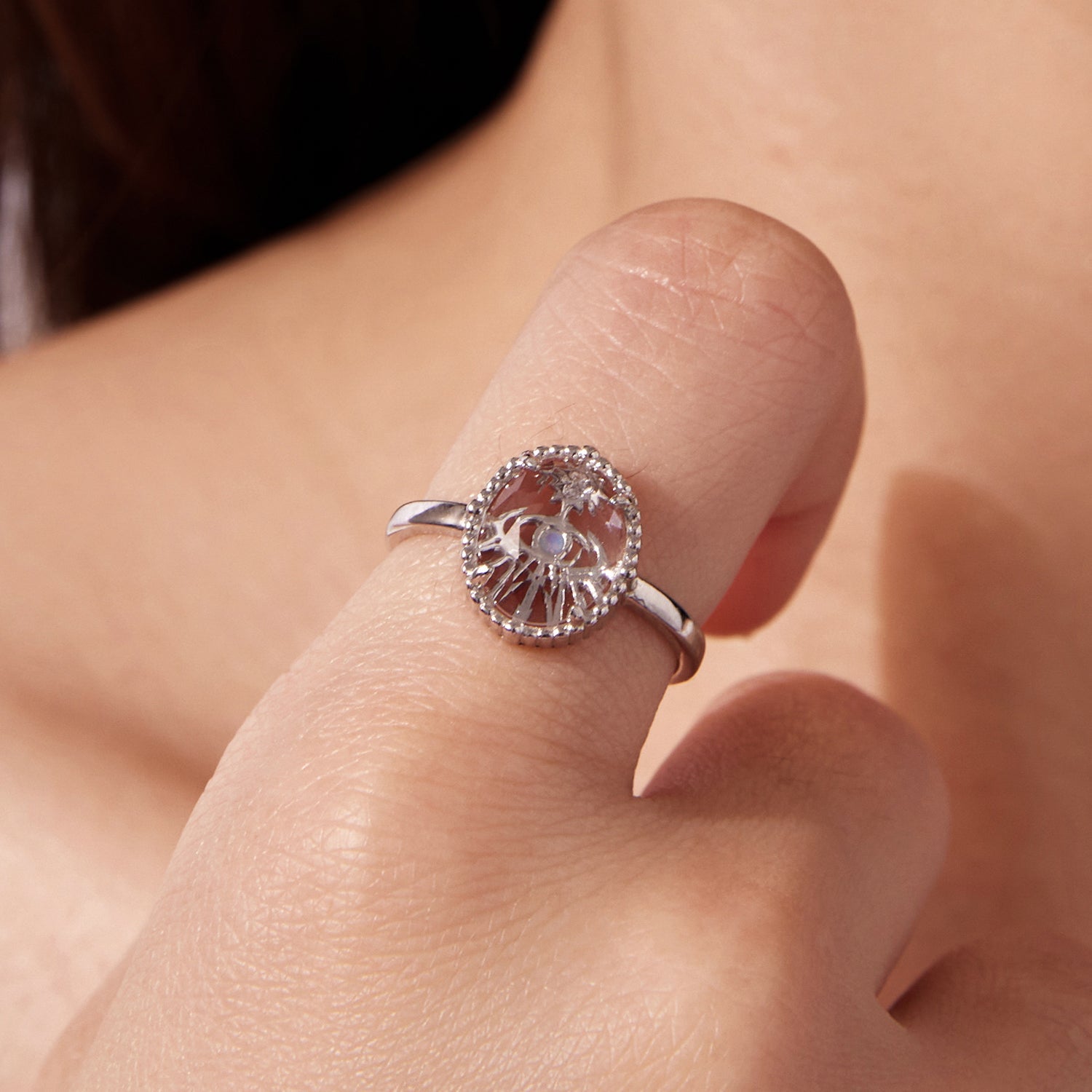 925 Sterling Silver Ring with Transparent Glass & Nano Opal, Width 0.18cm, Style E, for Women
