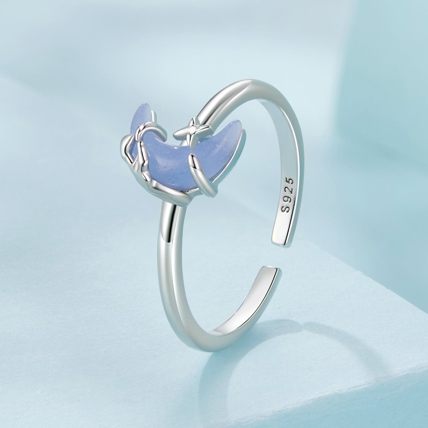 925 Sterling Silver Luminous Stone 0.80cm Moon Ring for Women