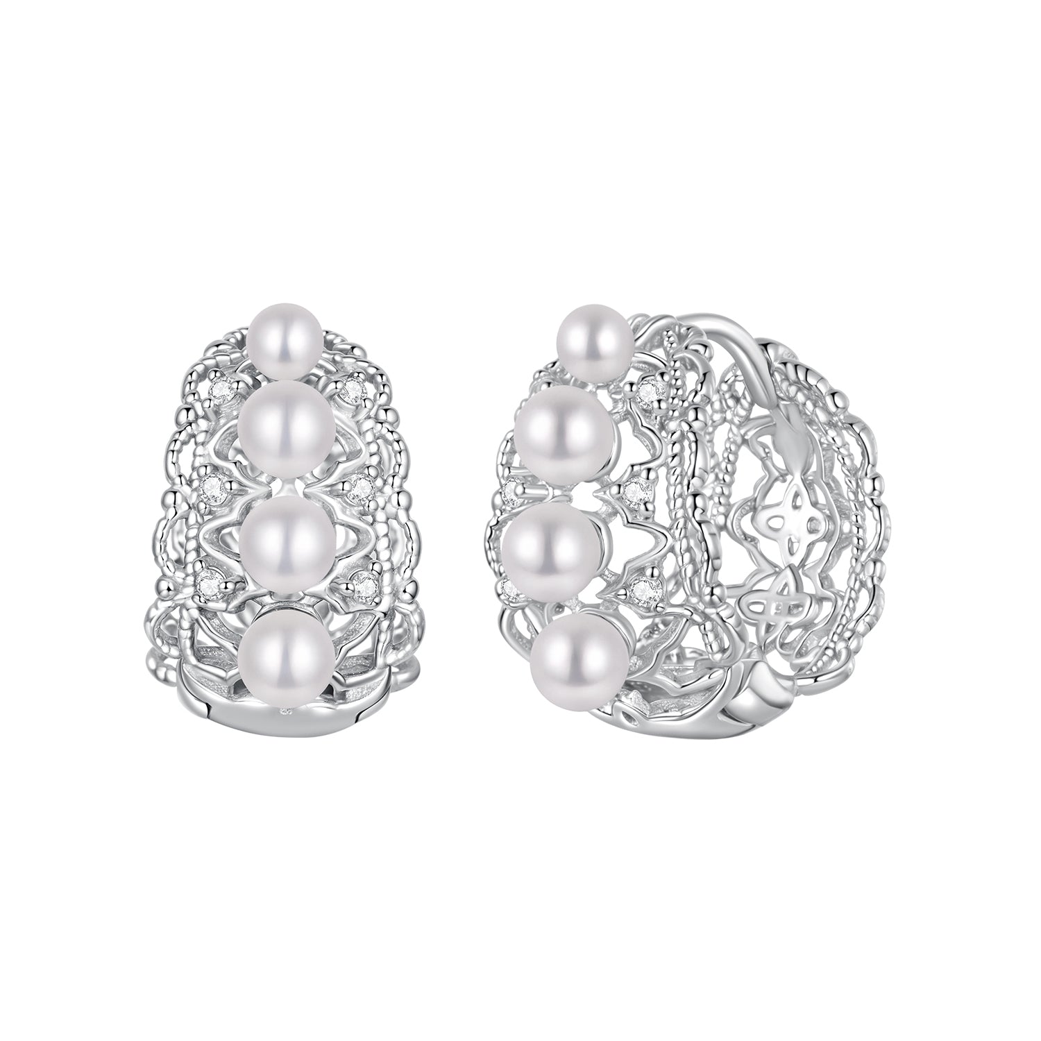 925 Sterling Silver Hoop Earrings with Synthetic Pearl and CZ, 1.1cm for Women