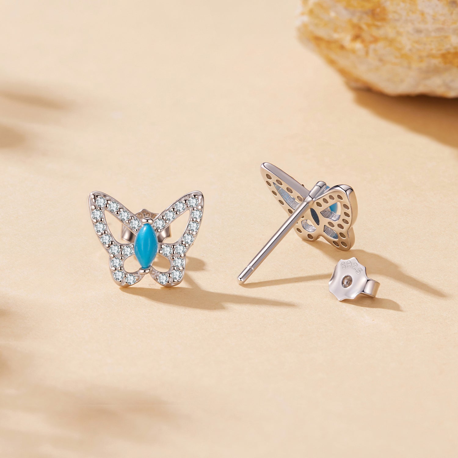 925 Sterling Silver White Gold Plated Earrings with Synthetic Turquoise and CZ