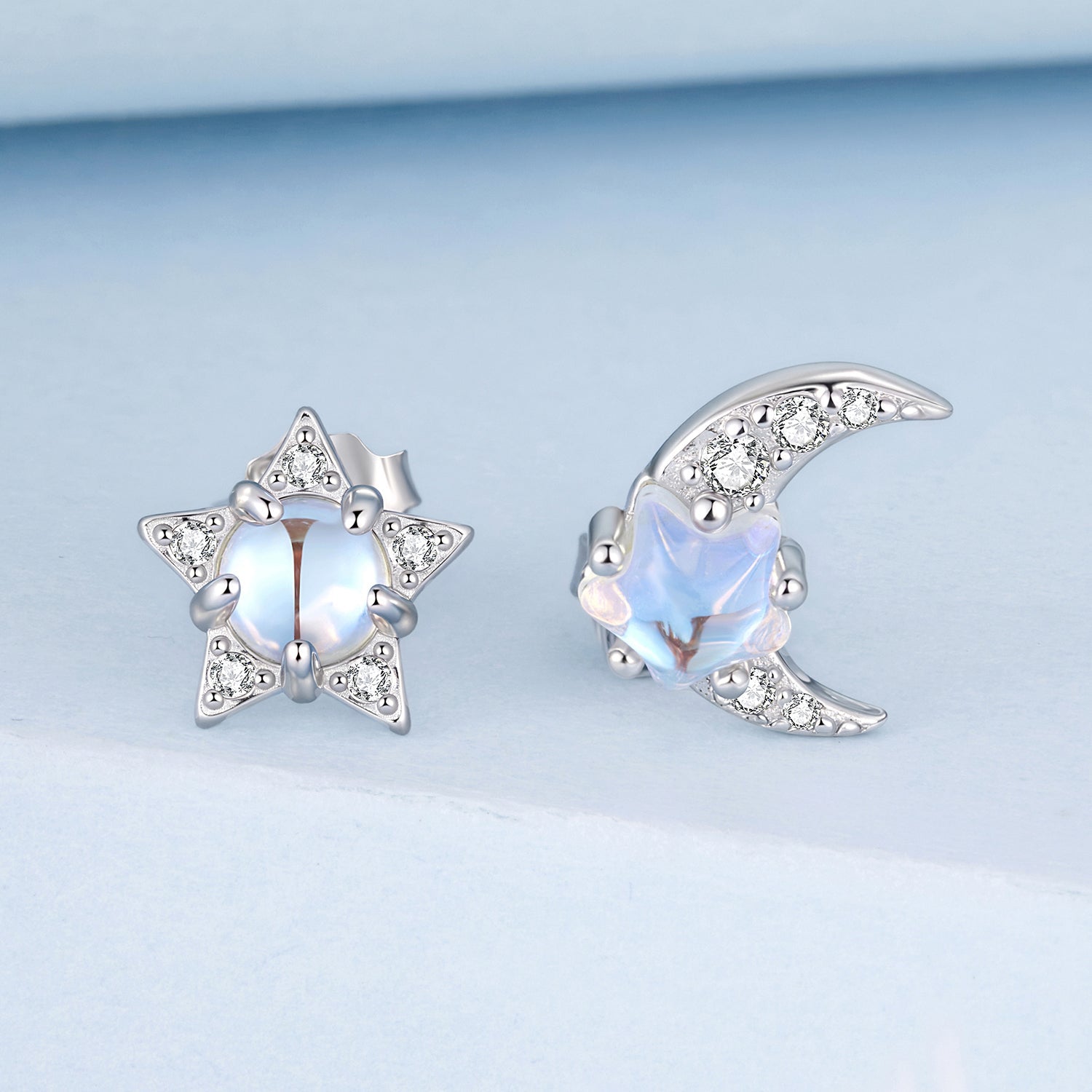 925 Sterling Silver White Gold Plated Moonstone & CZ Earrings