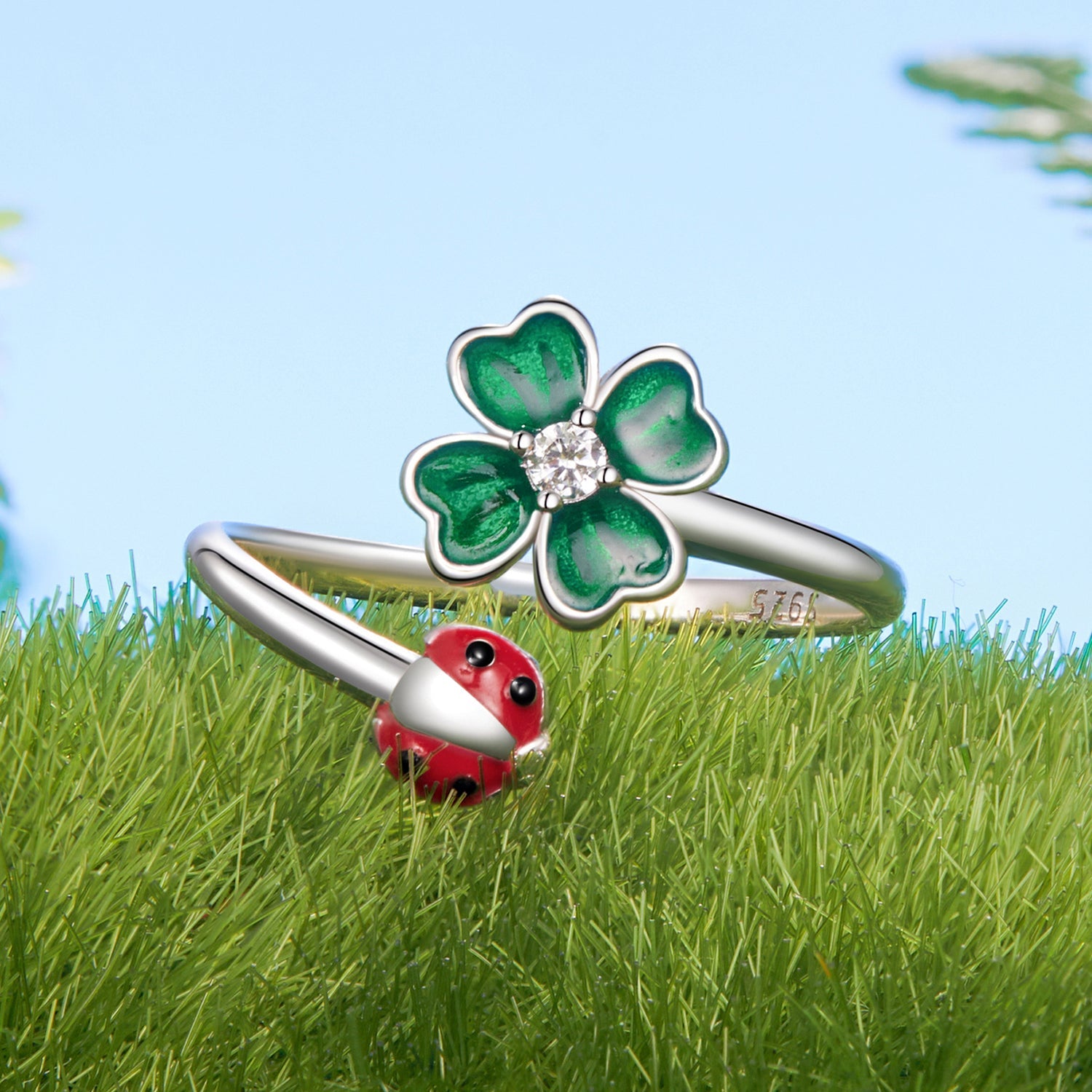 925 Sterling Silver Ladybug Four-leaf Clover Ring for Women