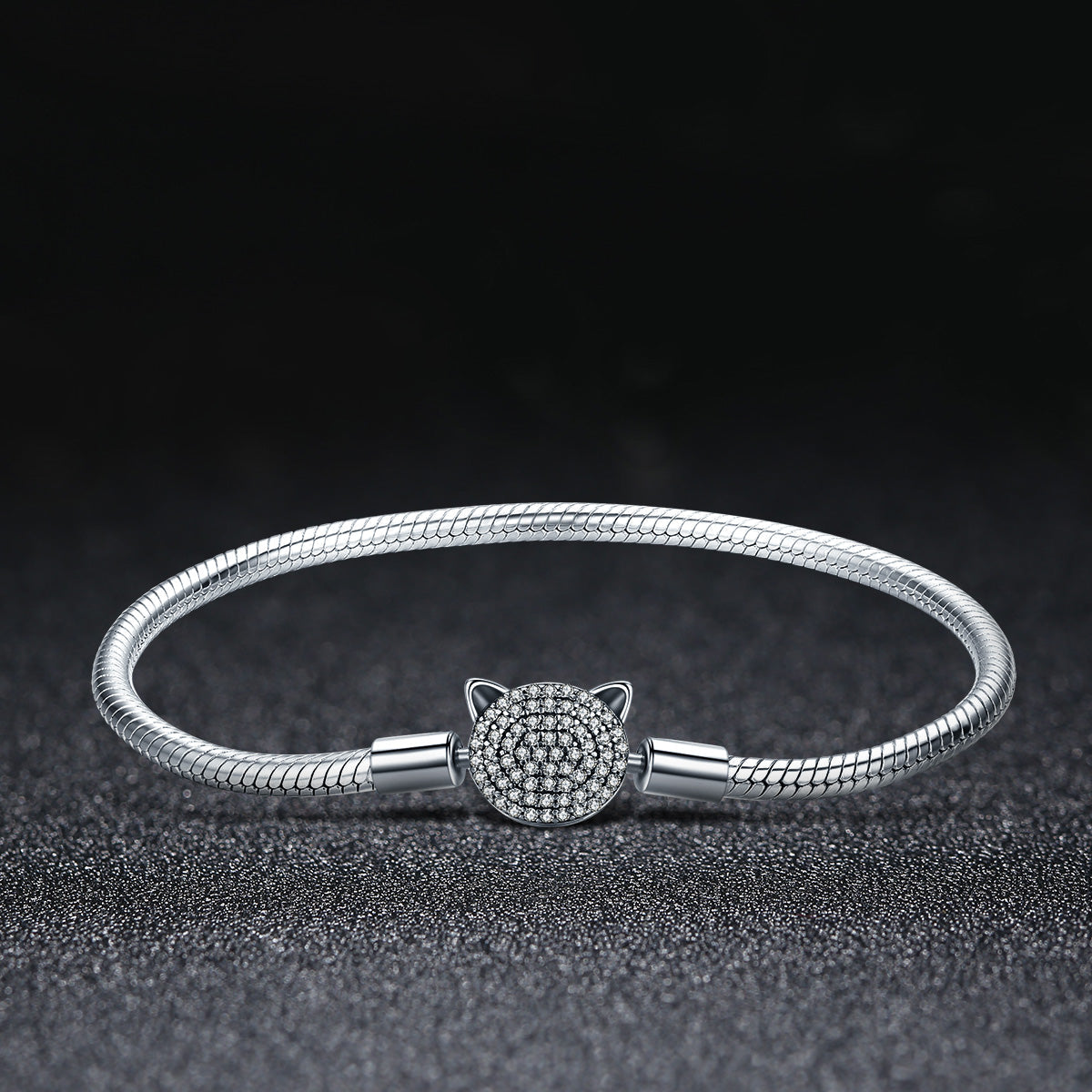 925 Sterling Silver Bracelet with Cat Head Charm, 17cm for Women