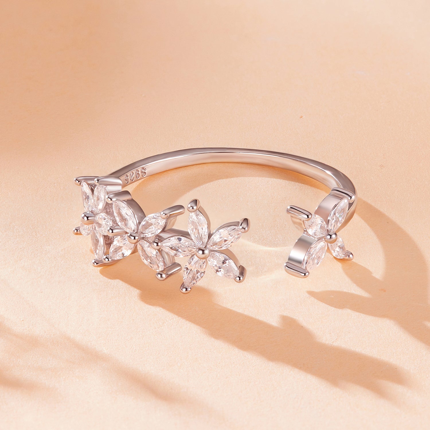 925 Sterling Silver White Gold Plated Pavé Setting CZ Flower Ring for Women