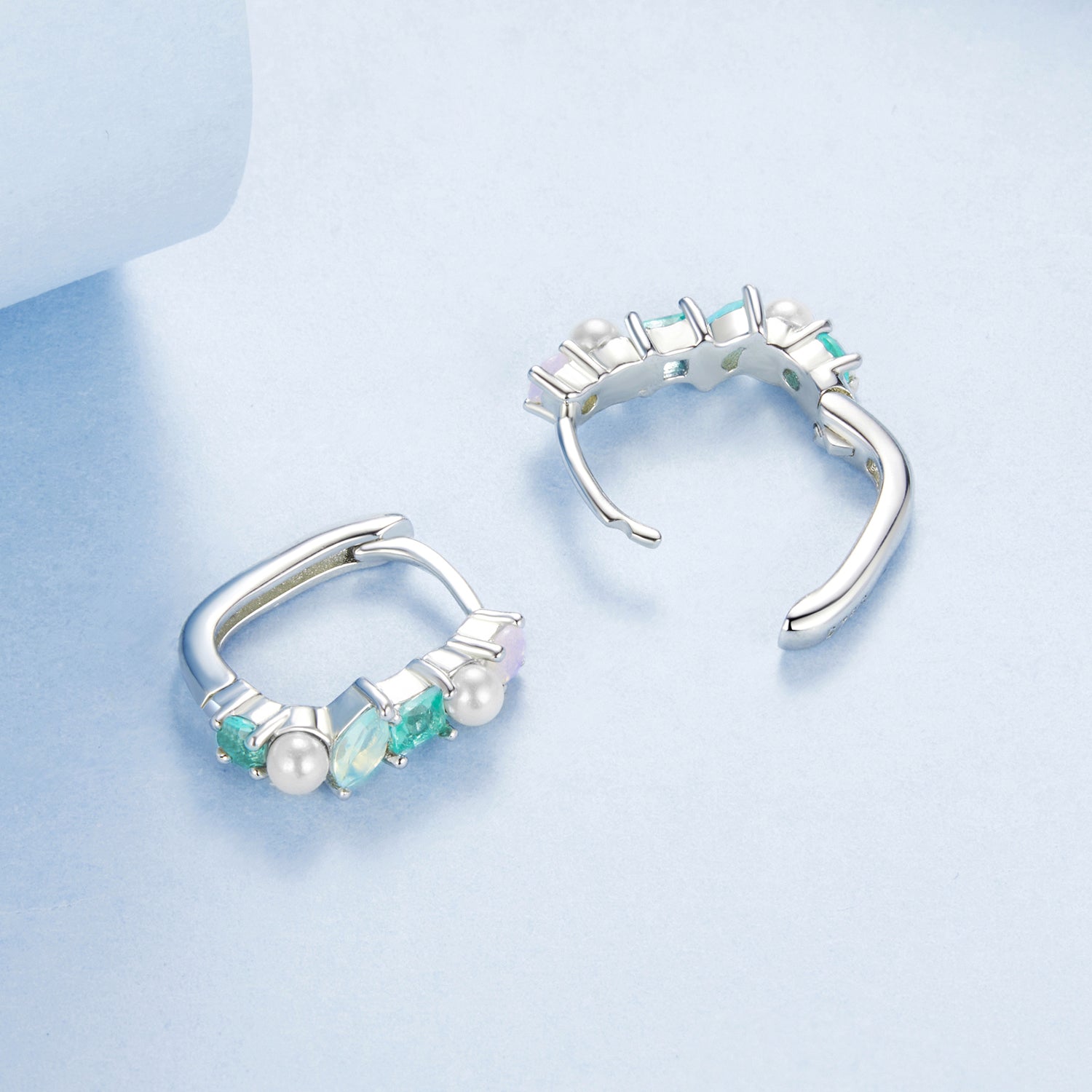 925 Sterling Silver Earrings with Nano Opal, Shell Pearl and Glass, 1.4cm for Women