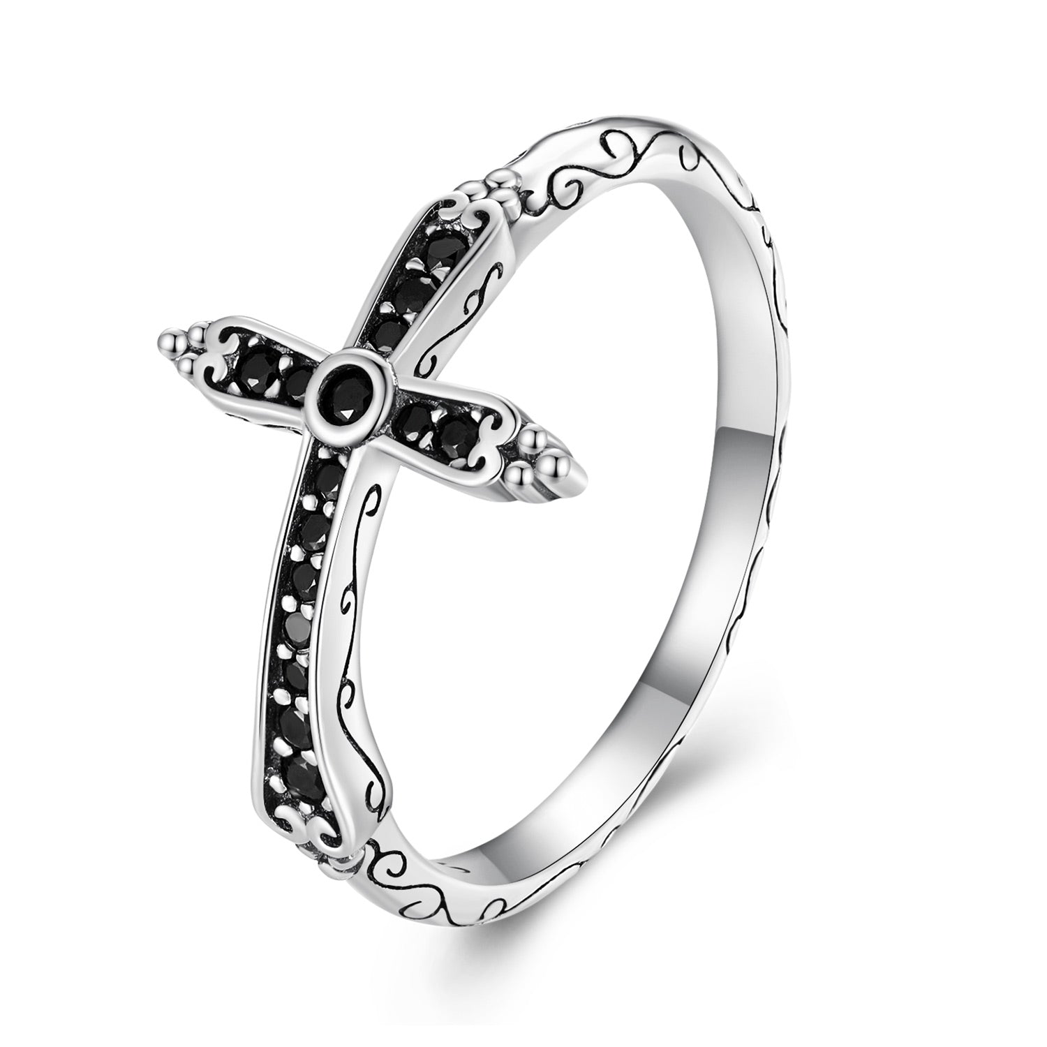 925 Sterling Silver Oxidized Ring with Pavé Setting CZ, Size 6.0 for Women
