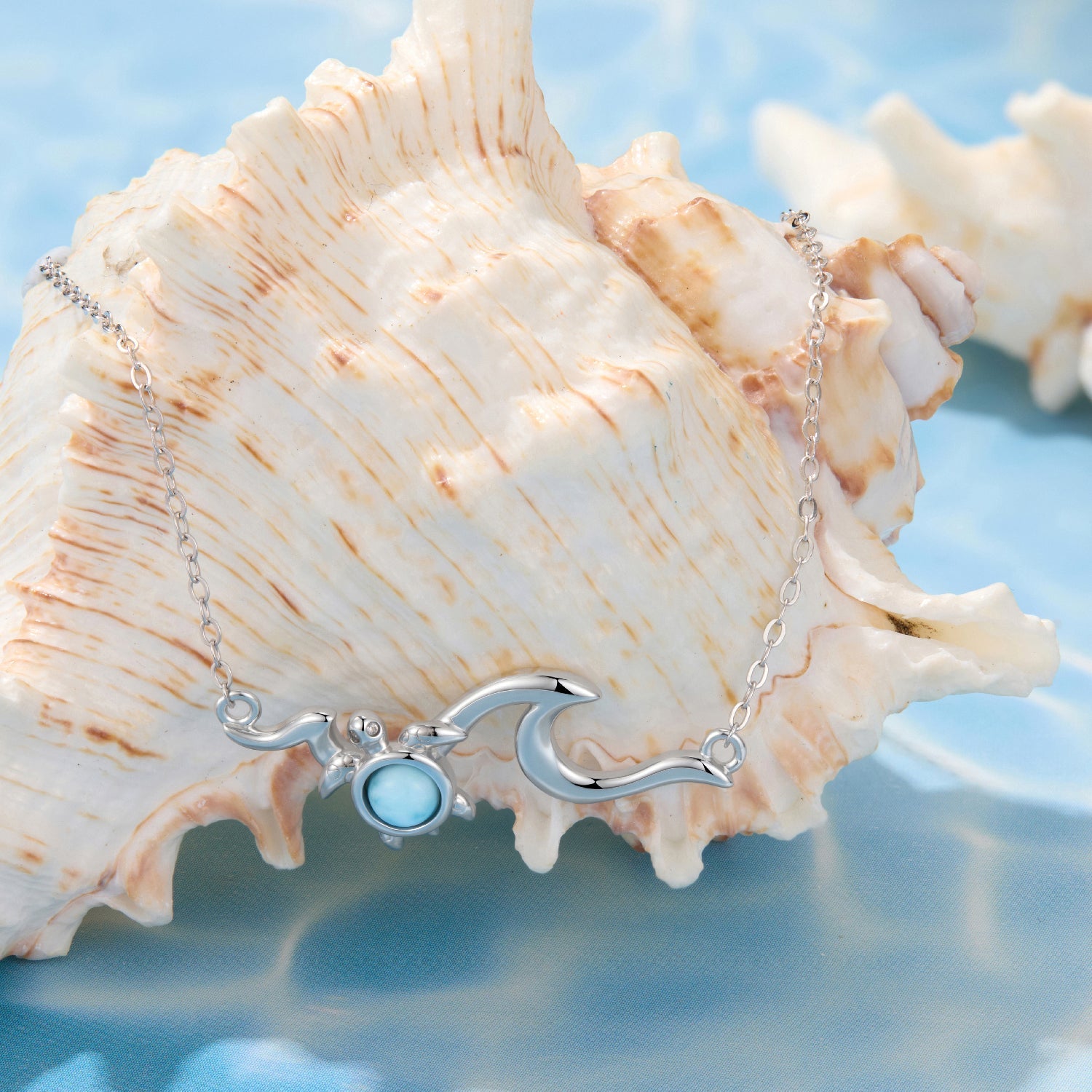 925 Sterling Silver Necklace with Sea Stone and Pavé CZ, 40+5cm, Plated White Gold for Women