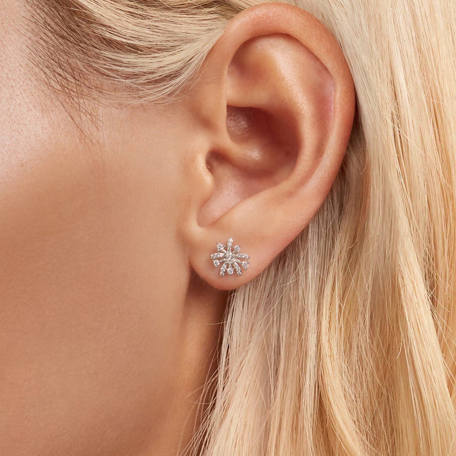 925 Sterling Silver Earrings with Pavé Set CZ in White Gold Finish, 1.1*1.0cm