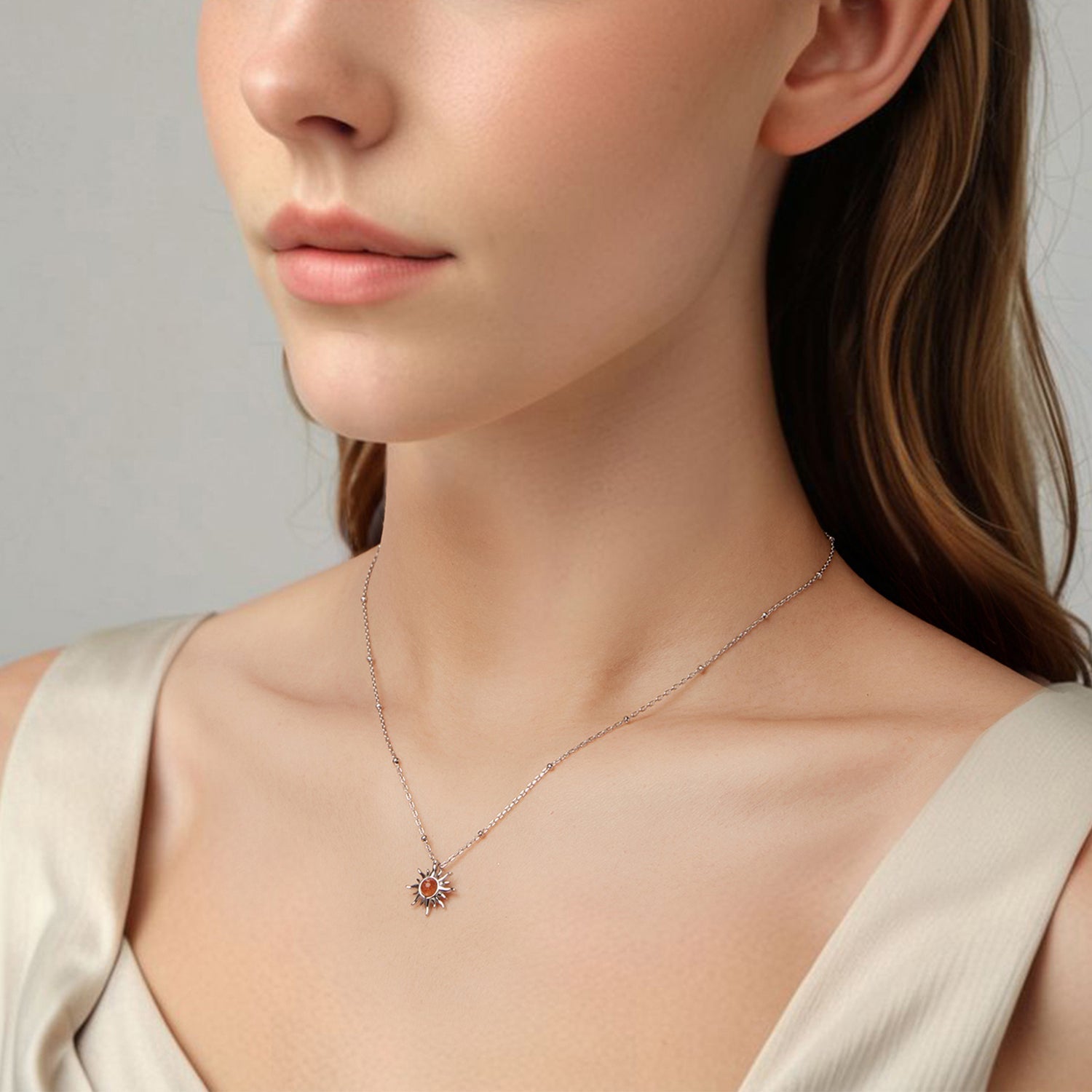 925 Sterling Silver Necklace with Natural Golden Sunstone, 40+5cm, Plated White Gold for Women