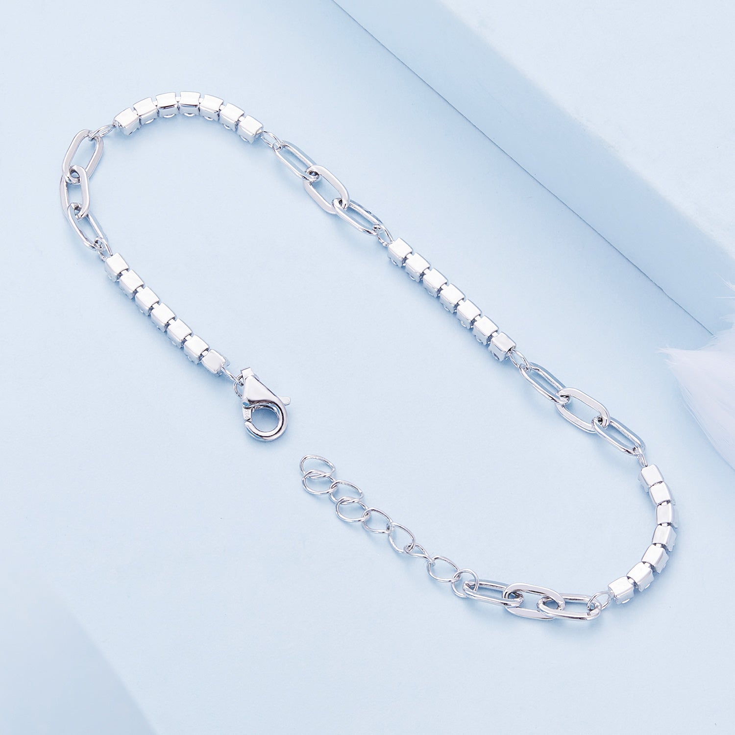 925 Sterling Silver Bracelet with Pavé Setting CZ, Platinum Plated, 14.5+3cm, for Women