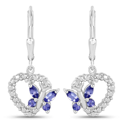 0.50 Carat Genuine Tanzanite and Created White Sapphire .925 Sterling Silver Earrings