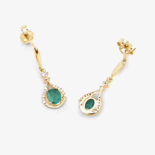 0.70 Carat Genuine Zambian Emerald and White Diamond 14K Yellow Gold Earrings