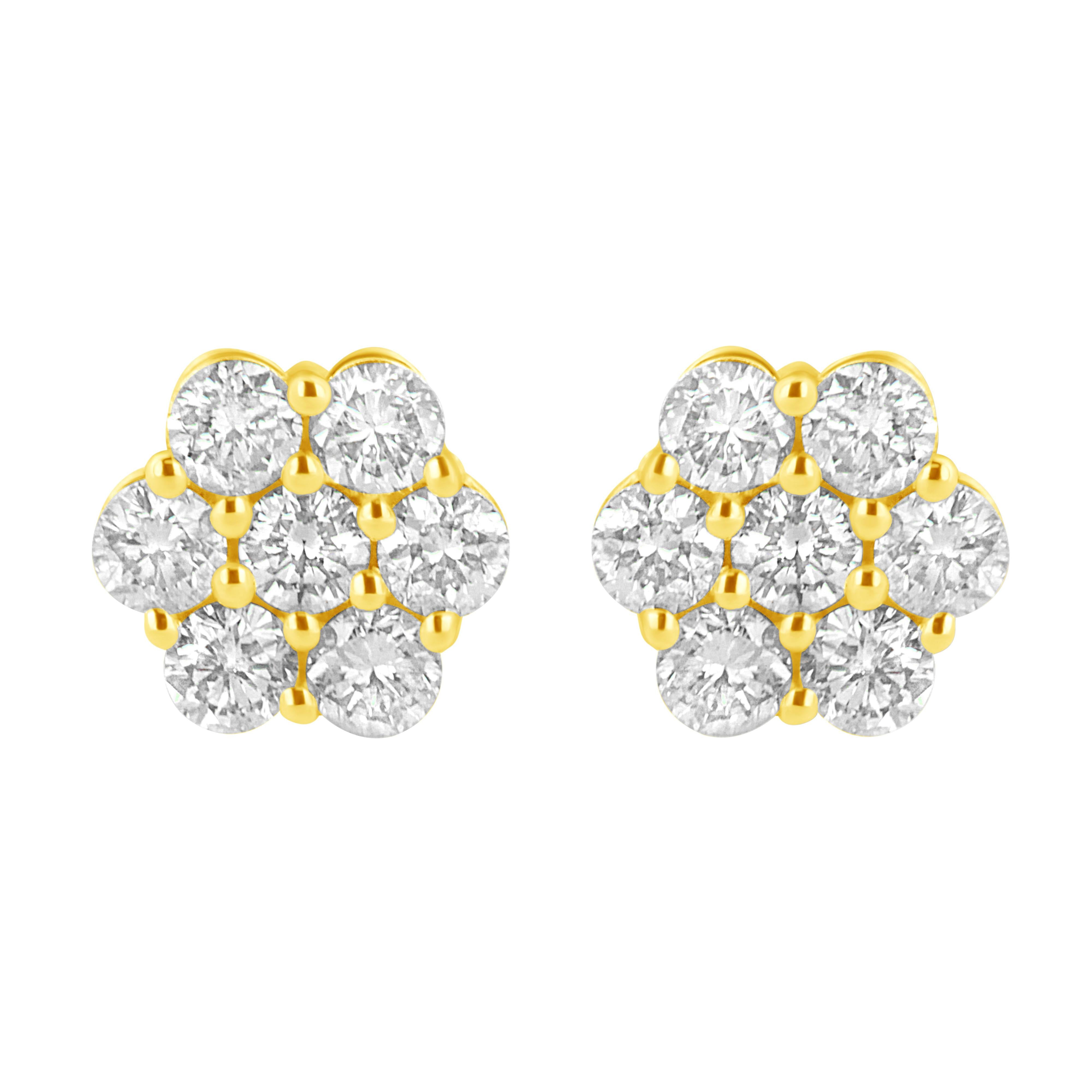 14K Yellow Gold 1/2 Cttw Brilliant Round Cut Diamond Floral Cluster Stud Earrings with Pushbacks (J-K Color, VS2-SI1 Clarity)