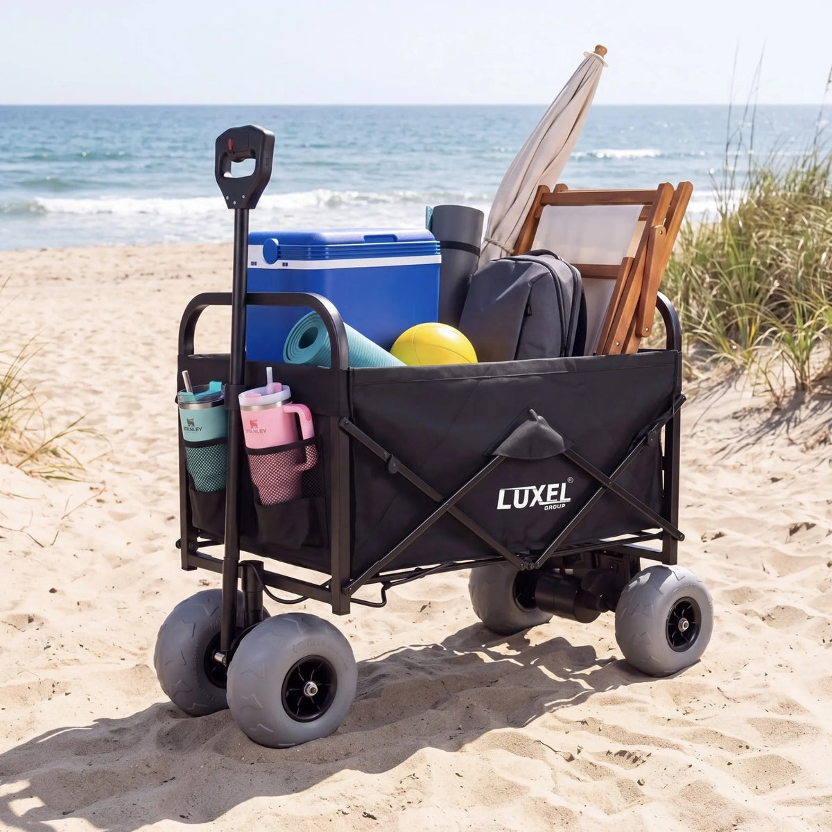 Electric Beach Wagon 500W – Motorized Folding Cart with Balloon Wheels Black
