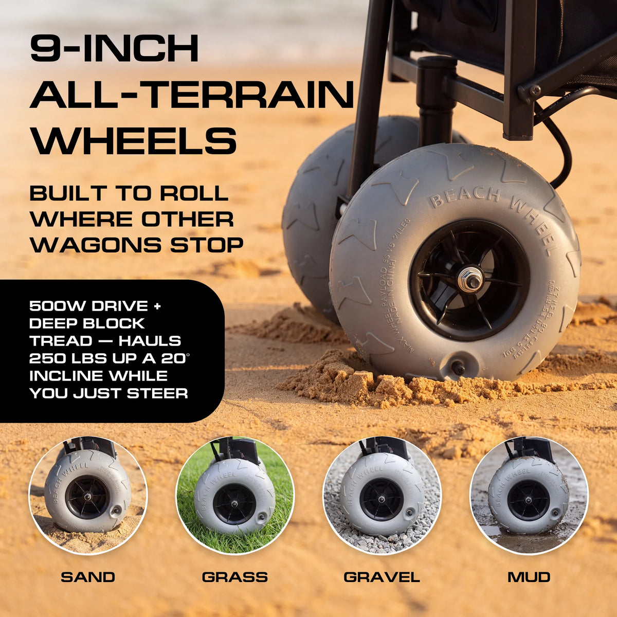 Electric Beach Wagon 500W – Motorized Folding Cart with Balloon Wheels Black