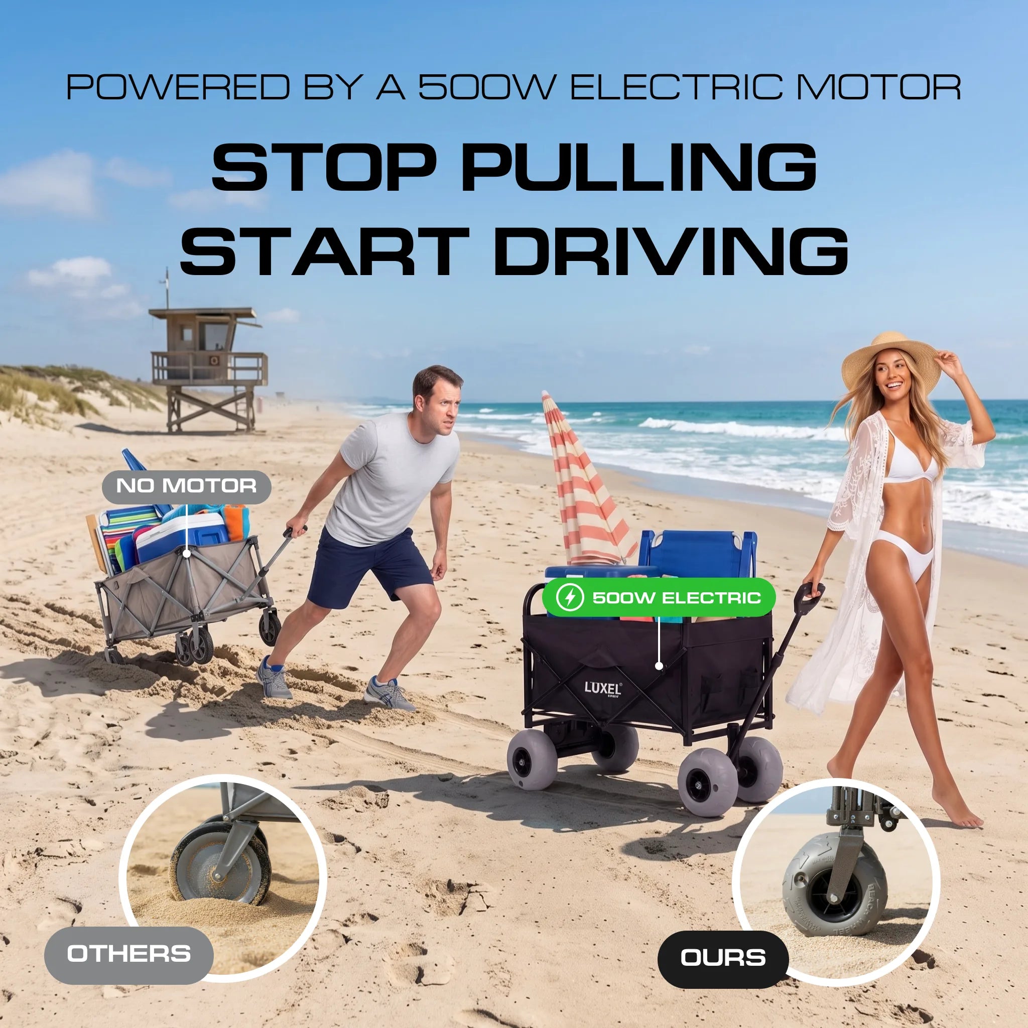 Electric Beach Wagon 500W – Motorized Folding Cart with Balloon Wheels Black