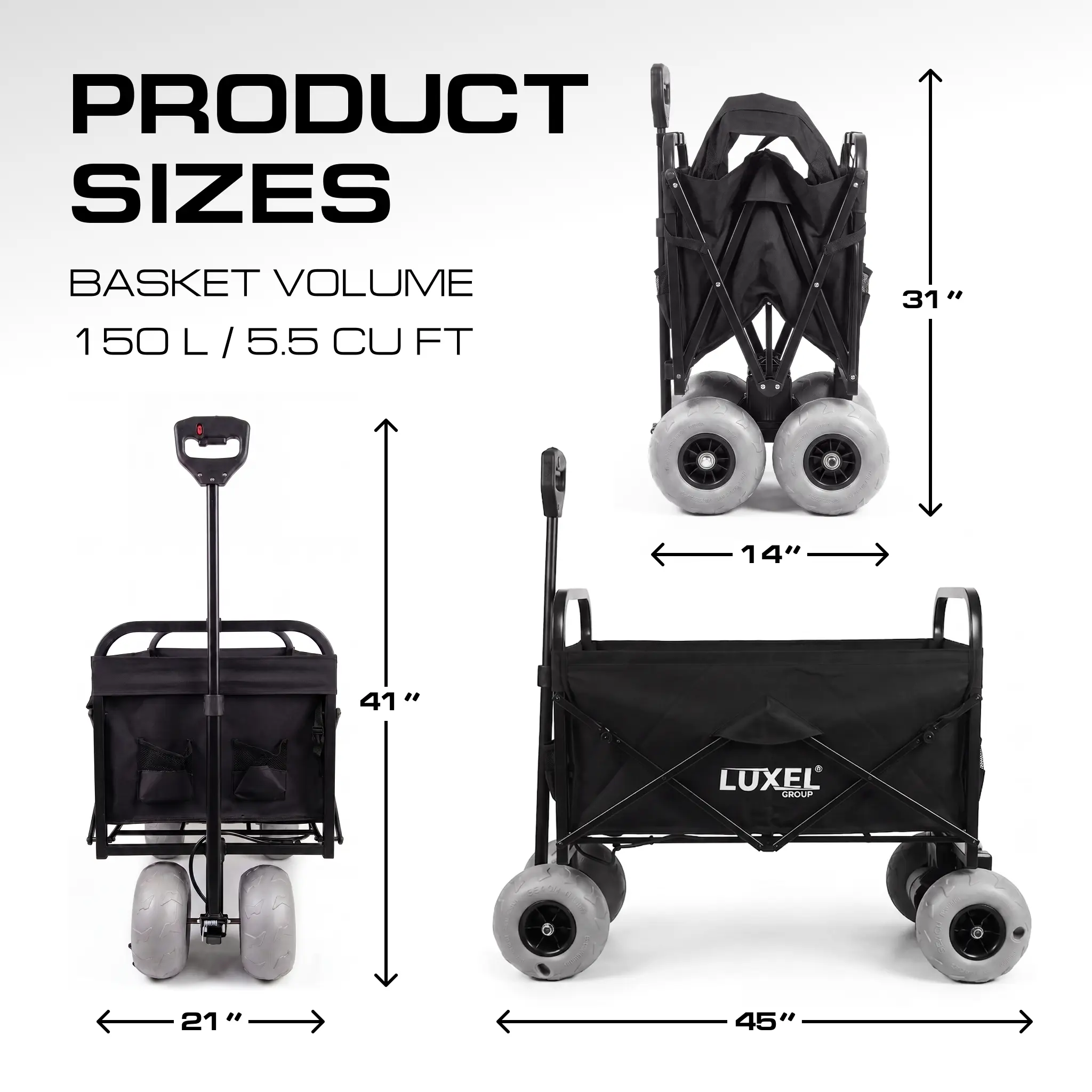 Electric Beach Wagon 500W – Motorized Folding Cart with Balloon Wheels Black
