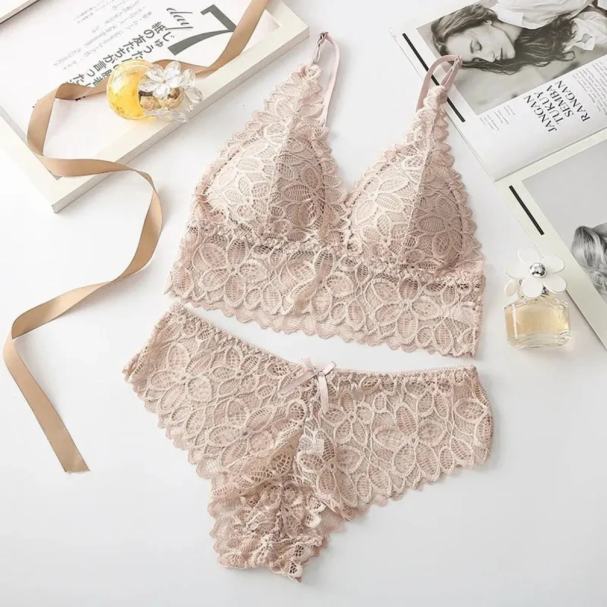 Lace Bra and Panty Set – Seamless Wire-Free Embroidered Lingerie