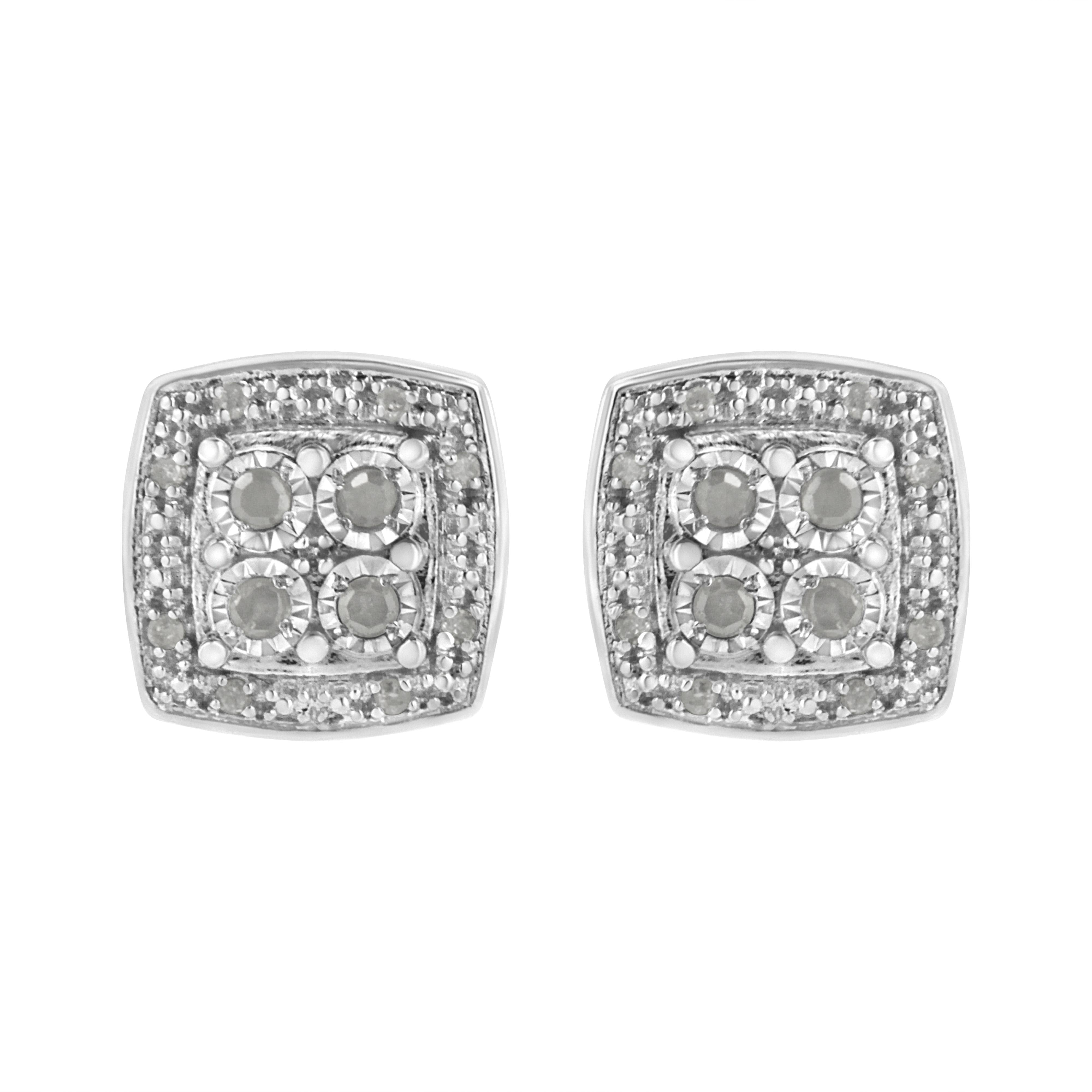 .925 Sterling Silver 1/4 cttw Round Cut Diamond Square Shape Milgrain Stud Earrings (I-J Color, I3 Clarity)
