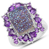 5.97 Carat Genuine Drusy Quartz and Amethyst .925 Sterling Silver Ring
