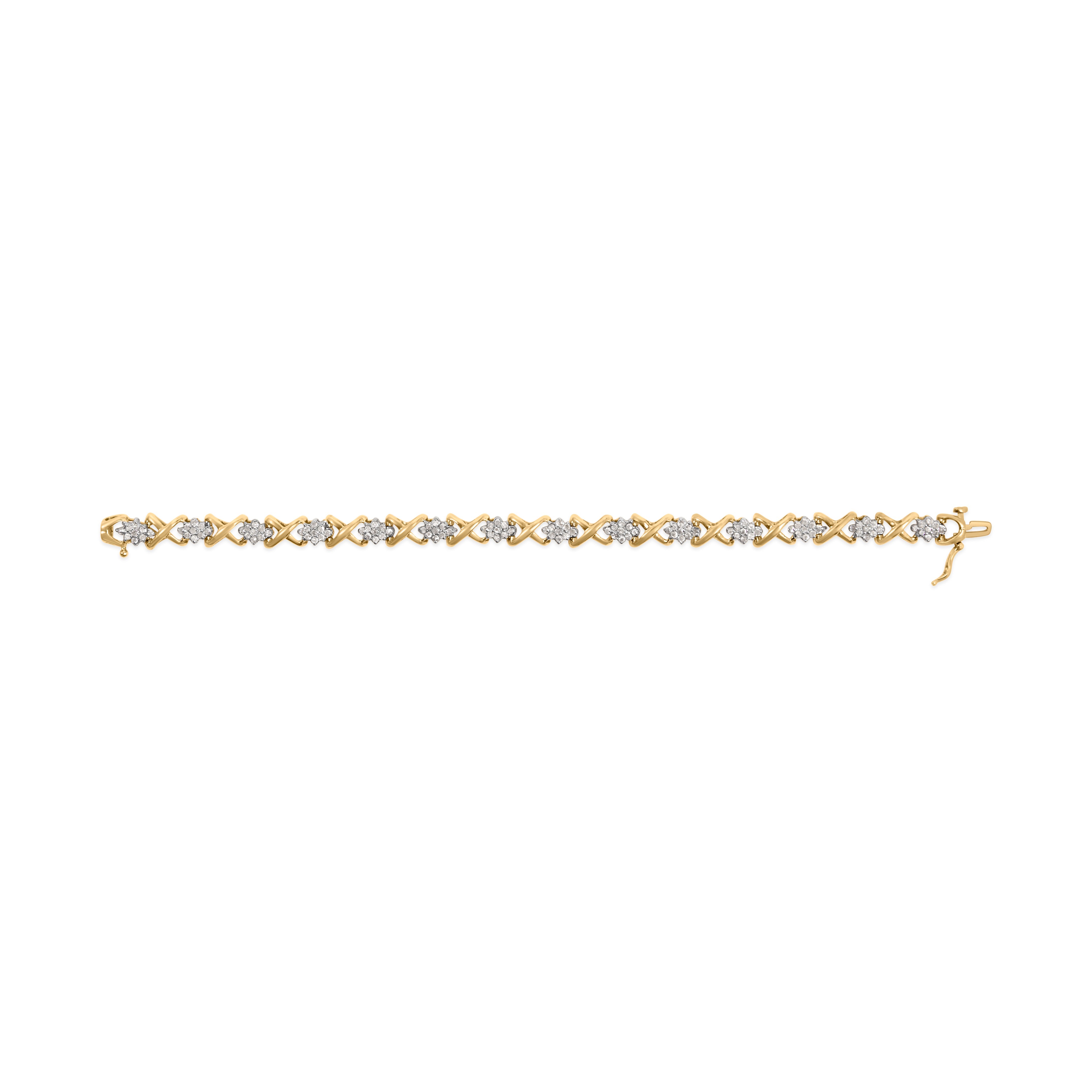 10k Yellow Gold 2.00 Cttw Diamond Cluster and Alternating "X" Link Bracelet (I-J Color, I3 Clarity) - 7"