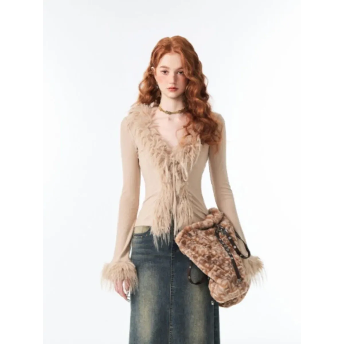 Lace-Up Faux Fur Cardigan – Vintage Slim Fit Long Sleeve Top