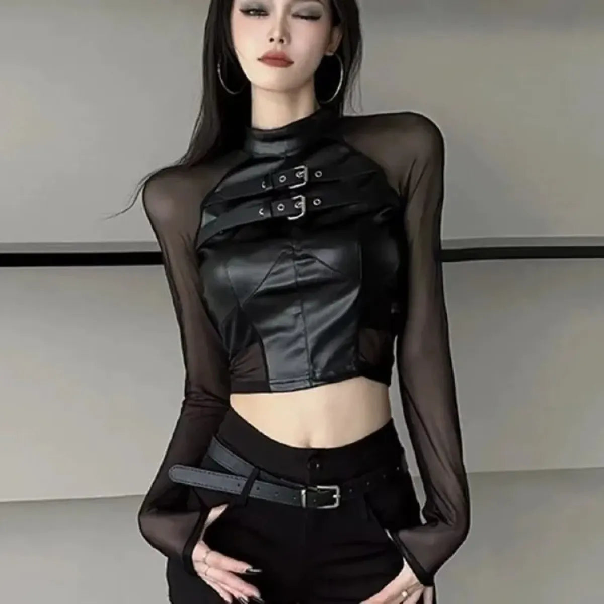 Faux Leather Mesh Crop Top – Harajuku Y2K E-Girl Streetwear
