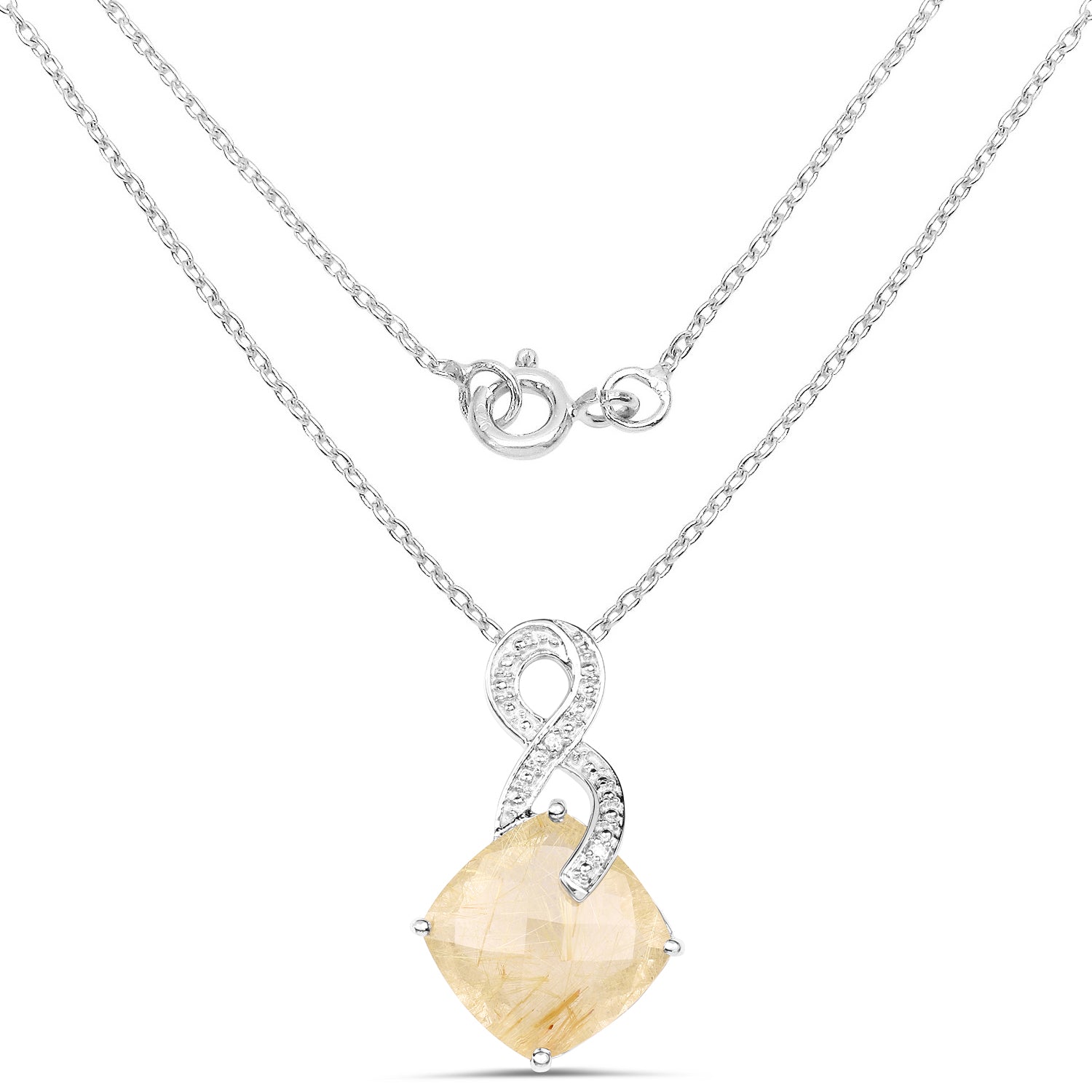 8.81 Carat Genuine Golden Rutile and White Diamond .925 Sterling Silver Pendant