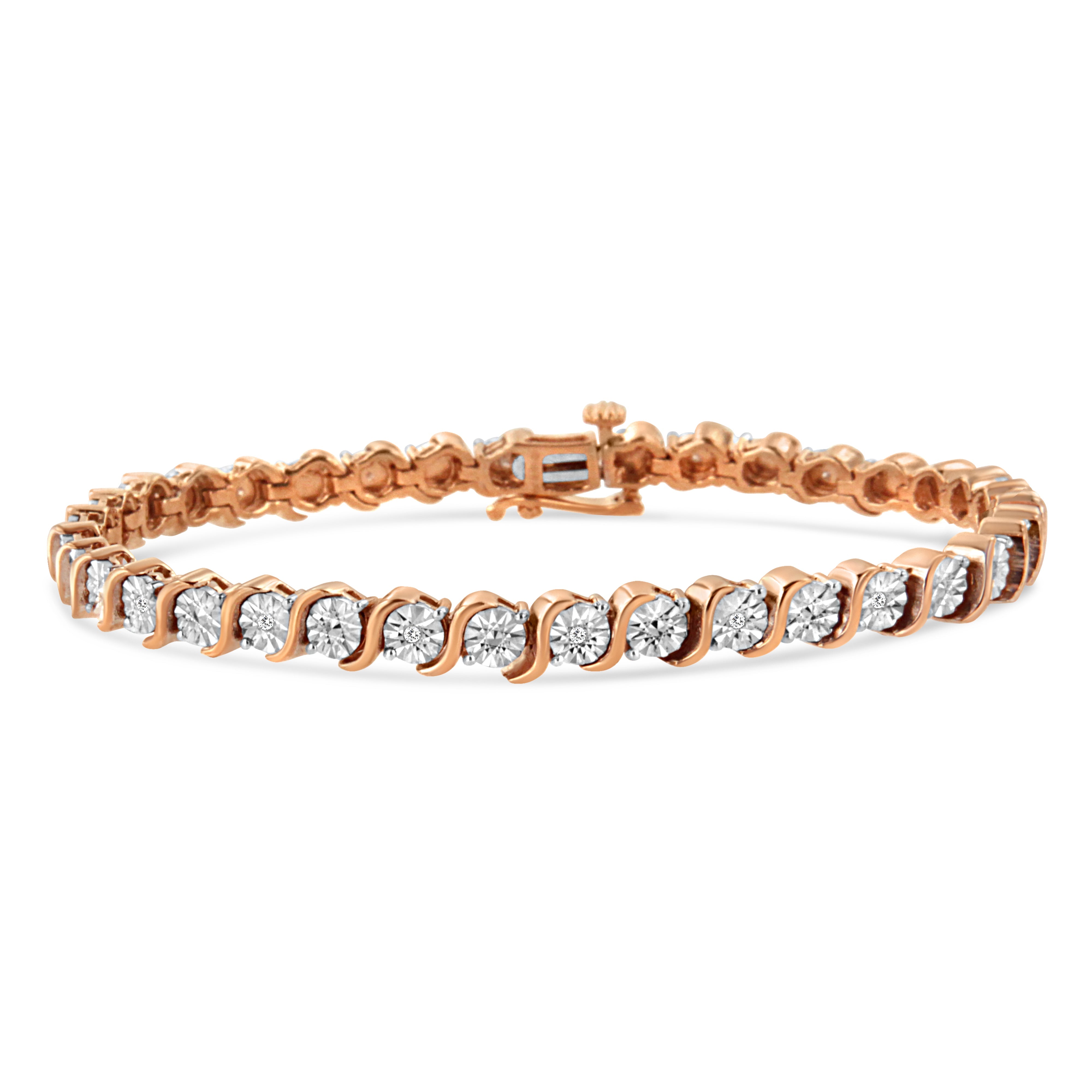 14K Rose Gold Plated .925 Sterling Silver 1/10 Cttw Diamond Round Miracle Plate and "S" Link Tennis Bracelet (I-J Color, I2- I3 Clarity) - 7"