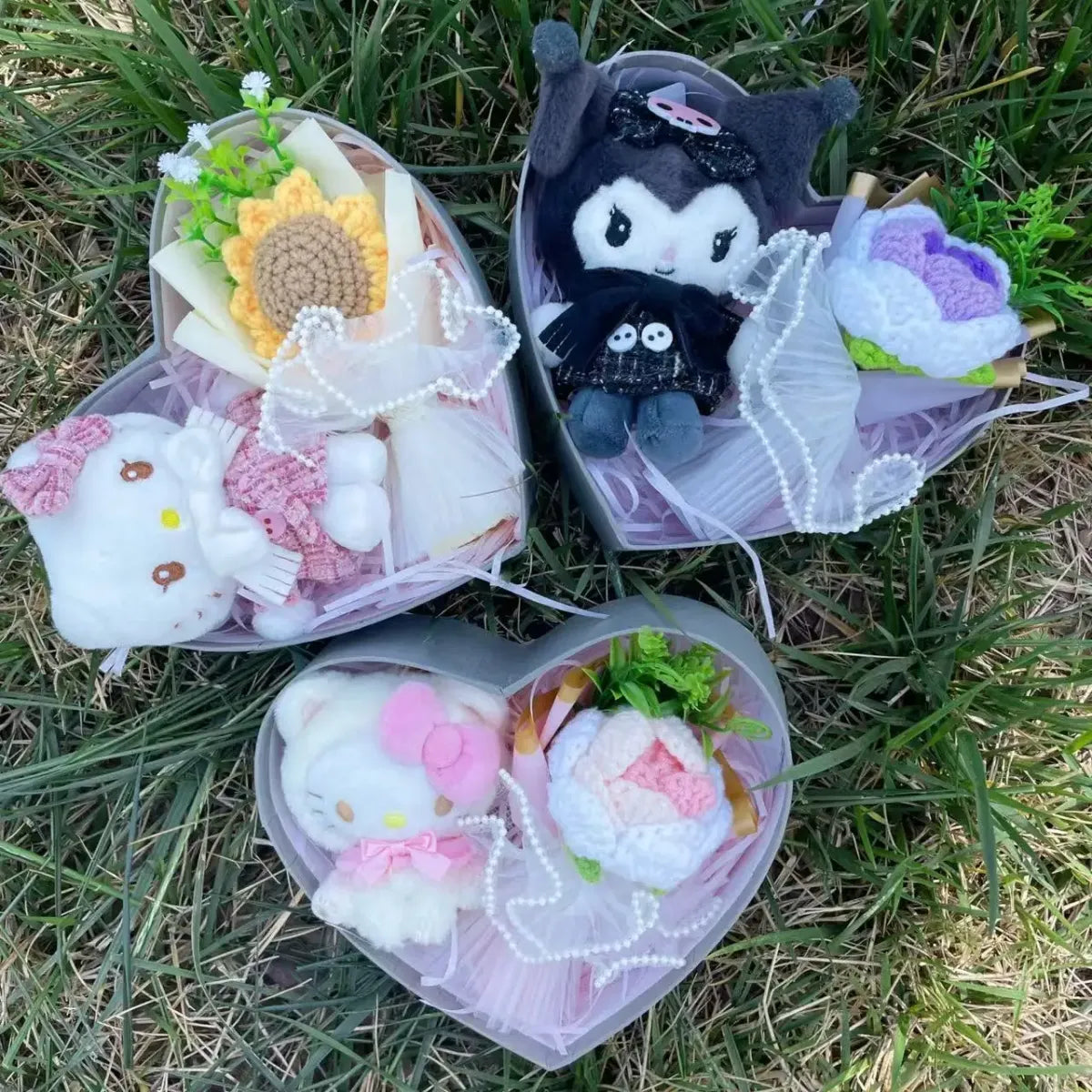 Kawaii Plush Gift Box – Kuromi, My Melody, Hello Kitty Heart Box Gift Set