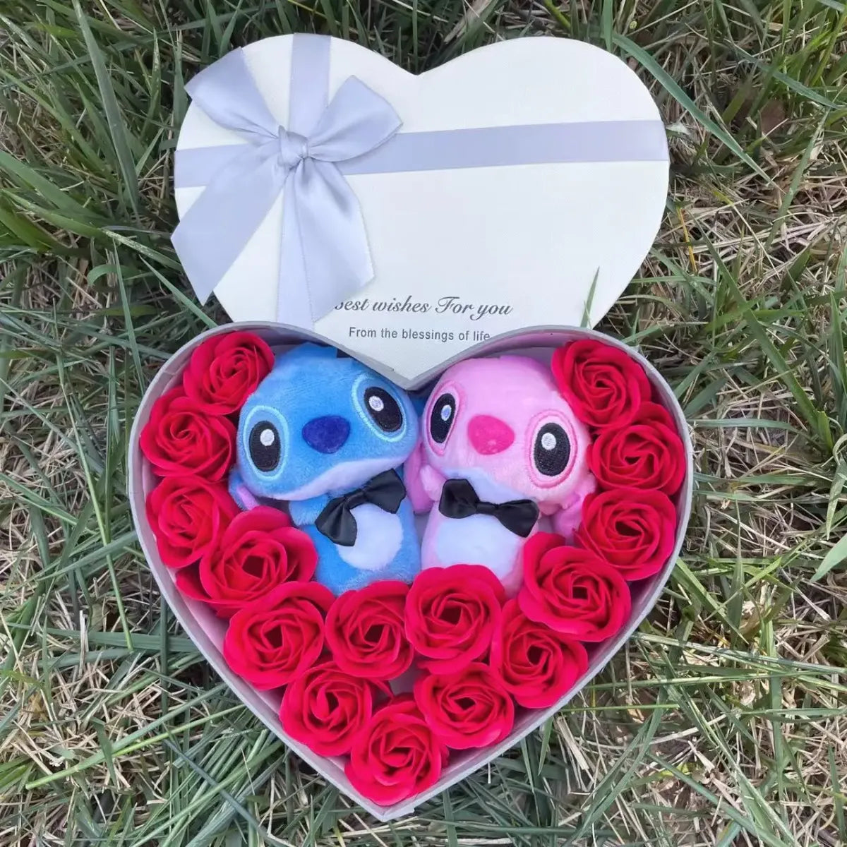 Kawaii Stitch Plush Gift Box – Heart Shaped with Roses, Valentine’s Day Gift Set