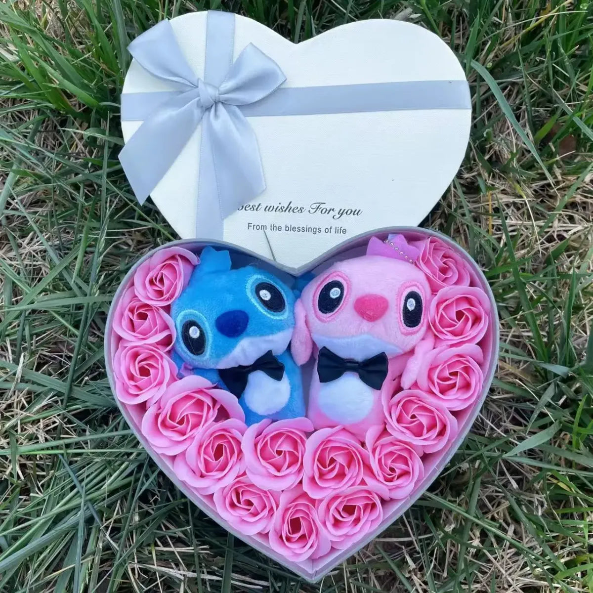 Kawaii Stitch Plush Gift Box – Heart Shaped with Roses, Valentine’s Day Gift Set
