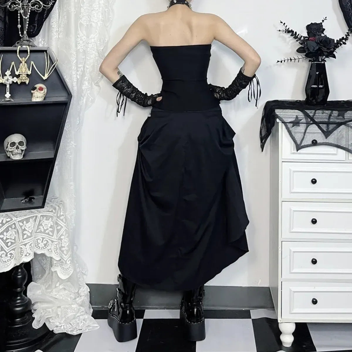 Gothic High Waist Ruffle Skirt – Punk Grunge Corset A-Line Skirt