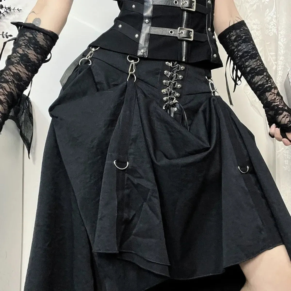 Gothic High Waist Ruffle Skirt – Punk Grunge Corset A-Line Skirt