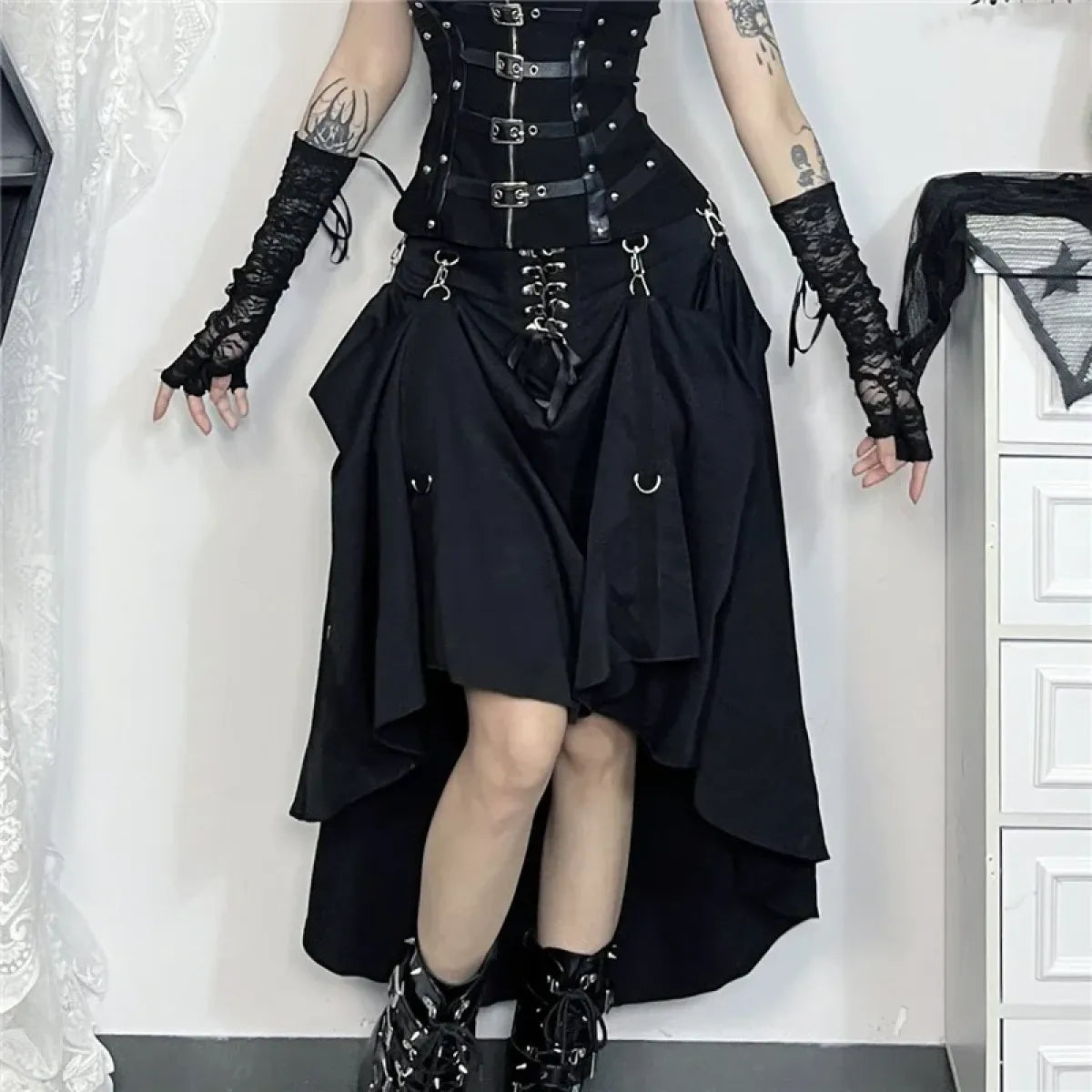 Gothic High Waist Ruffle Skirt – Punk Grunge Corset A-Line Skirt