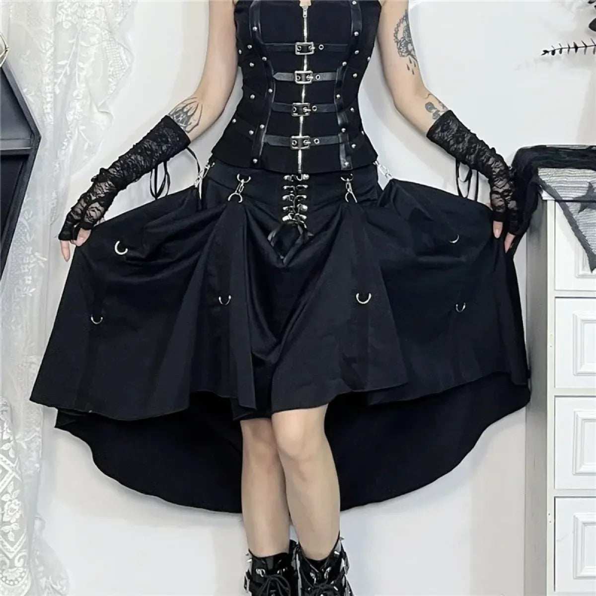 Gothic High Waist Ruffle Skirt – Punk Grunge Corset A-Line Skirt