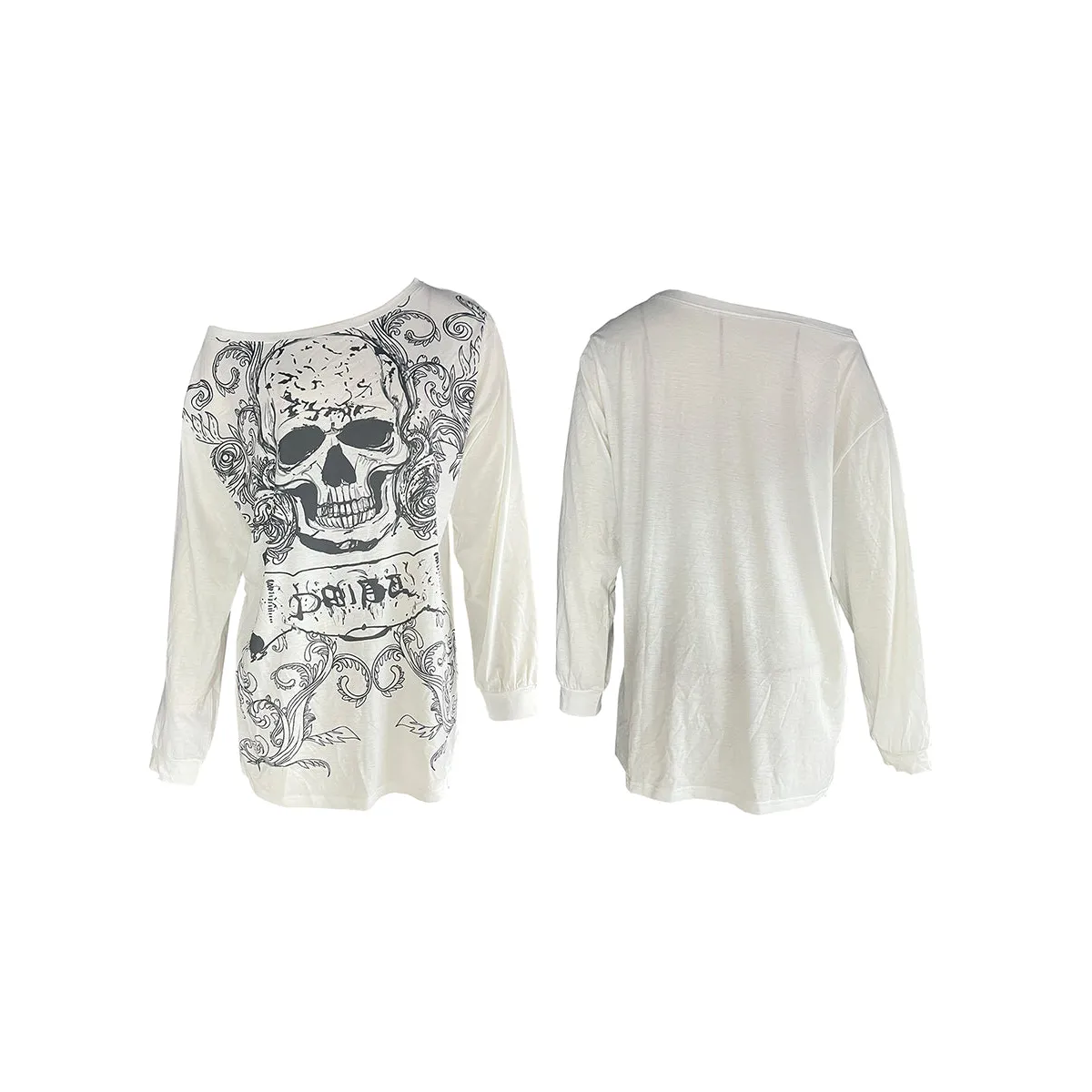 Skull Print Long Sleeve T-Shirt – Grunge Y2K Punk Pullover Top