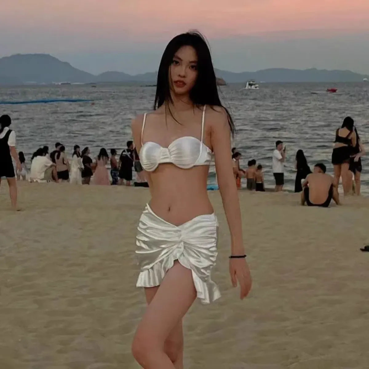 Satin Halter Bikini Set – Ruffled Irregular Wrap Skirt Swimsuit