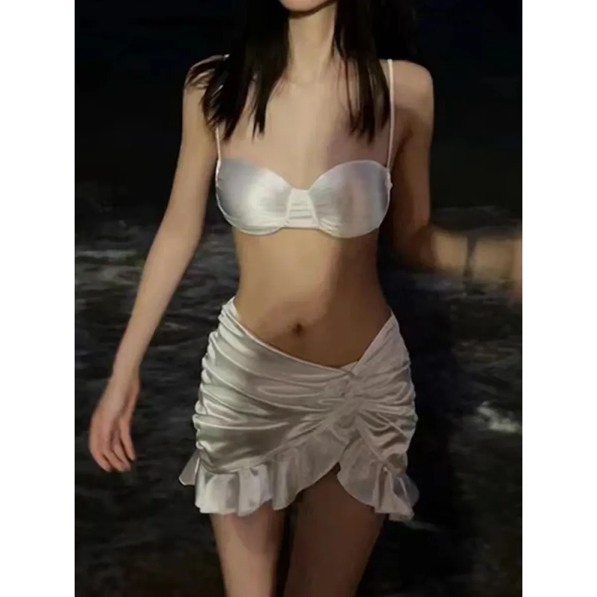 Satin Halter Bikini Set – Ruffled Irregular Wrap Skirt Swimsuit