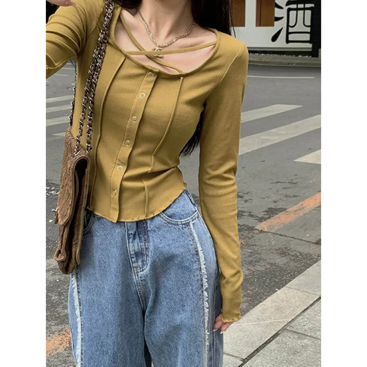 Harajuku Korean Style Slim Long Sleeve T-shirt - Sexy Streetwear Top