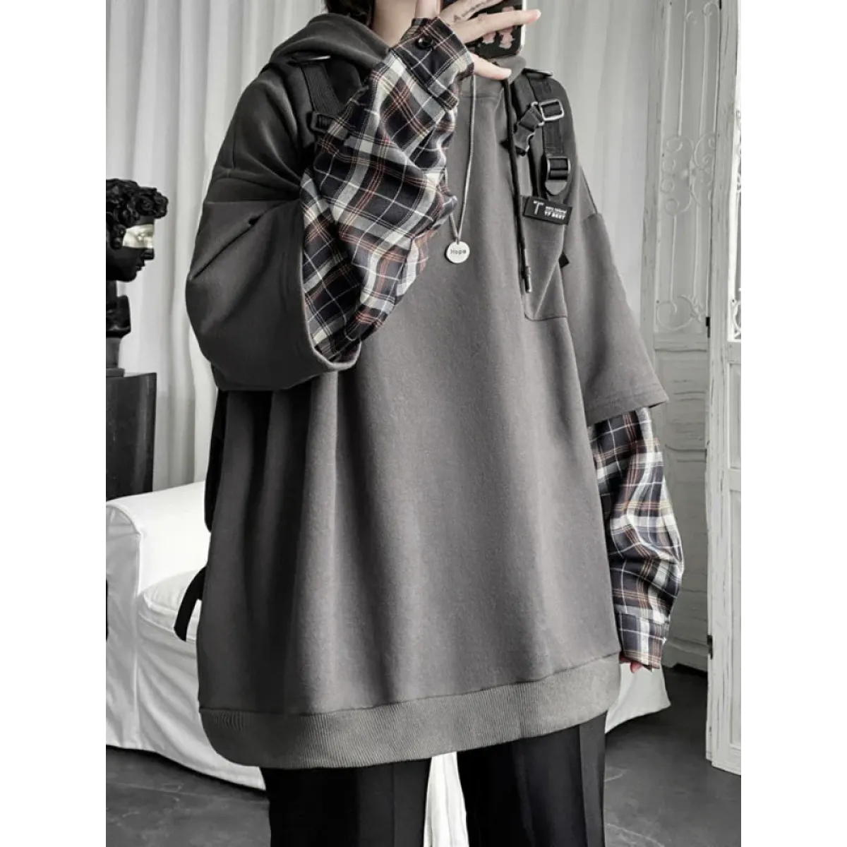 Harajuku Oversized Unisex Hoodie – Plaid Patchwork Grunge Style