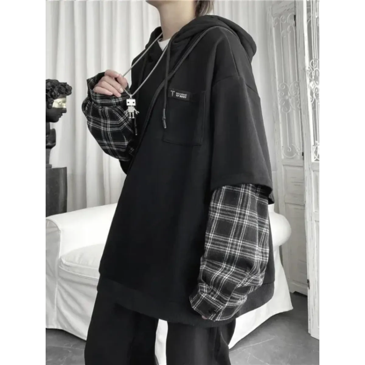 Harajuku Oversized Unisex Hoodie – Plaid Patchwork Grunge Style