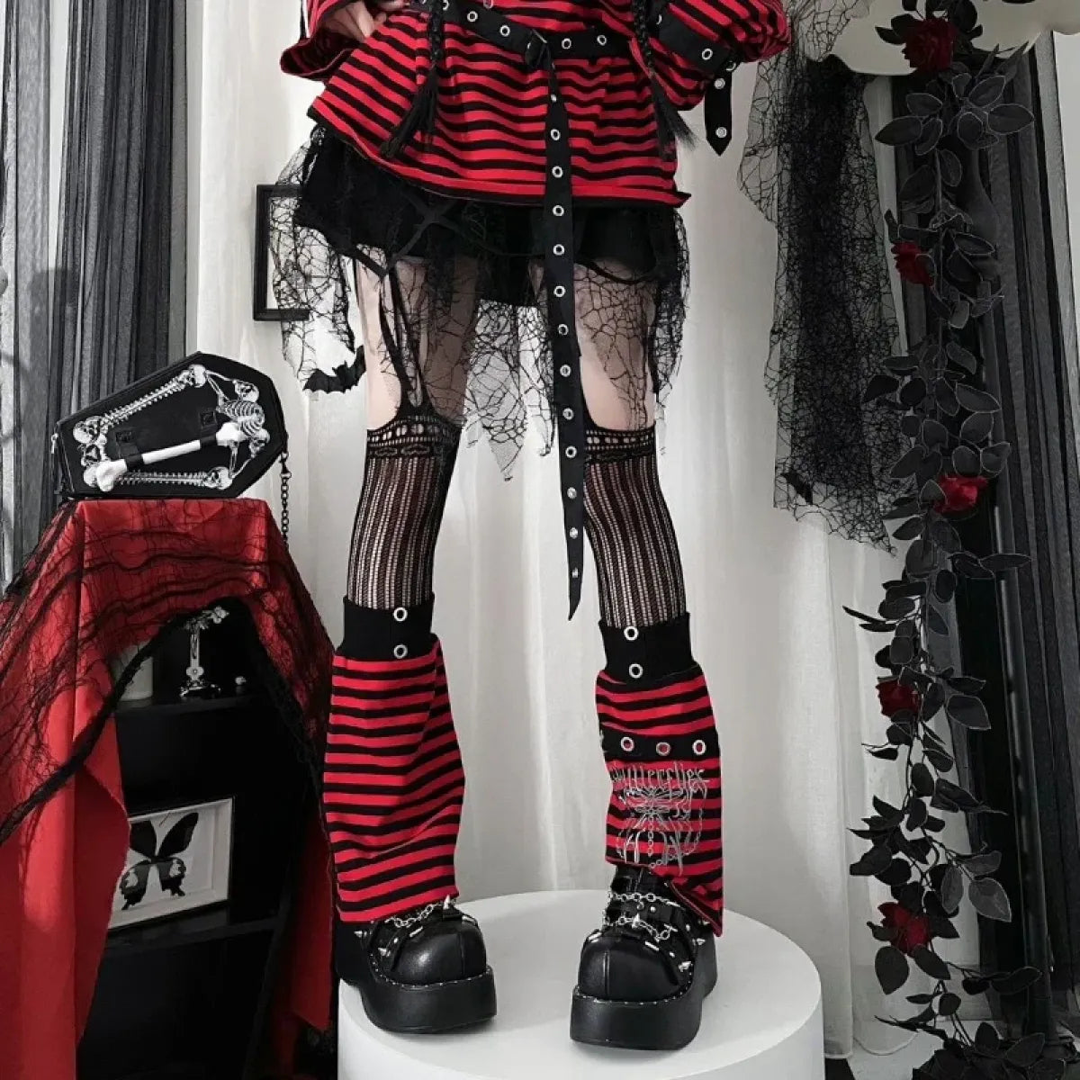 Striped Gothic Punk Top & Leg Warmers – Harajuku Y2K Grunge