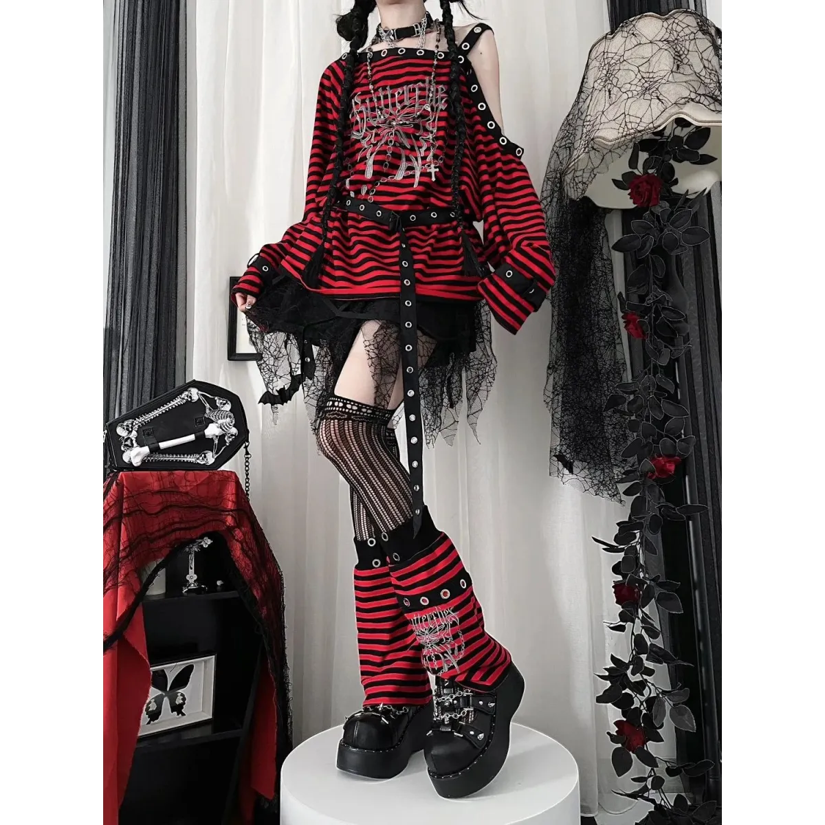 Striped Gothic Punk Top & Leg Warmers – Harajuku Y2K Grunge