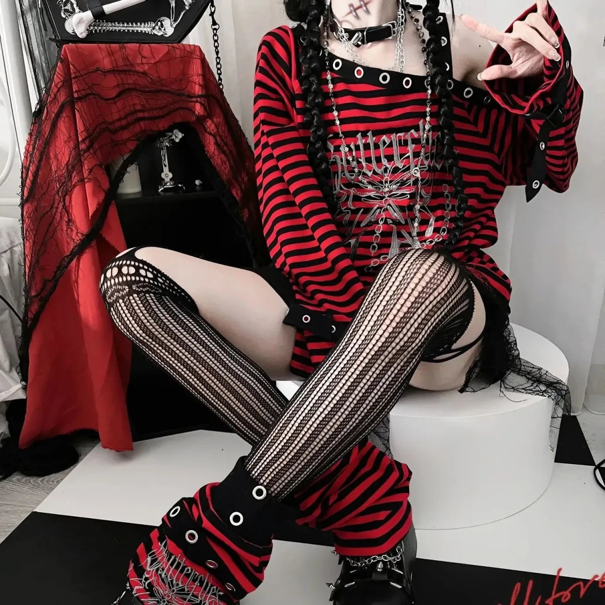 Striped Gothic Punk Top & Leg Warmers – Harajuku Y2K Grunge