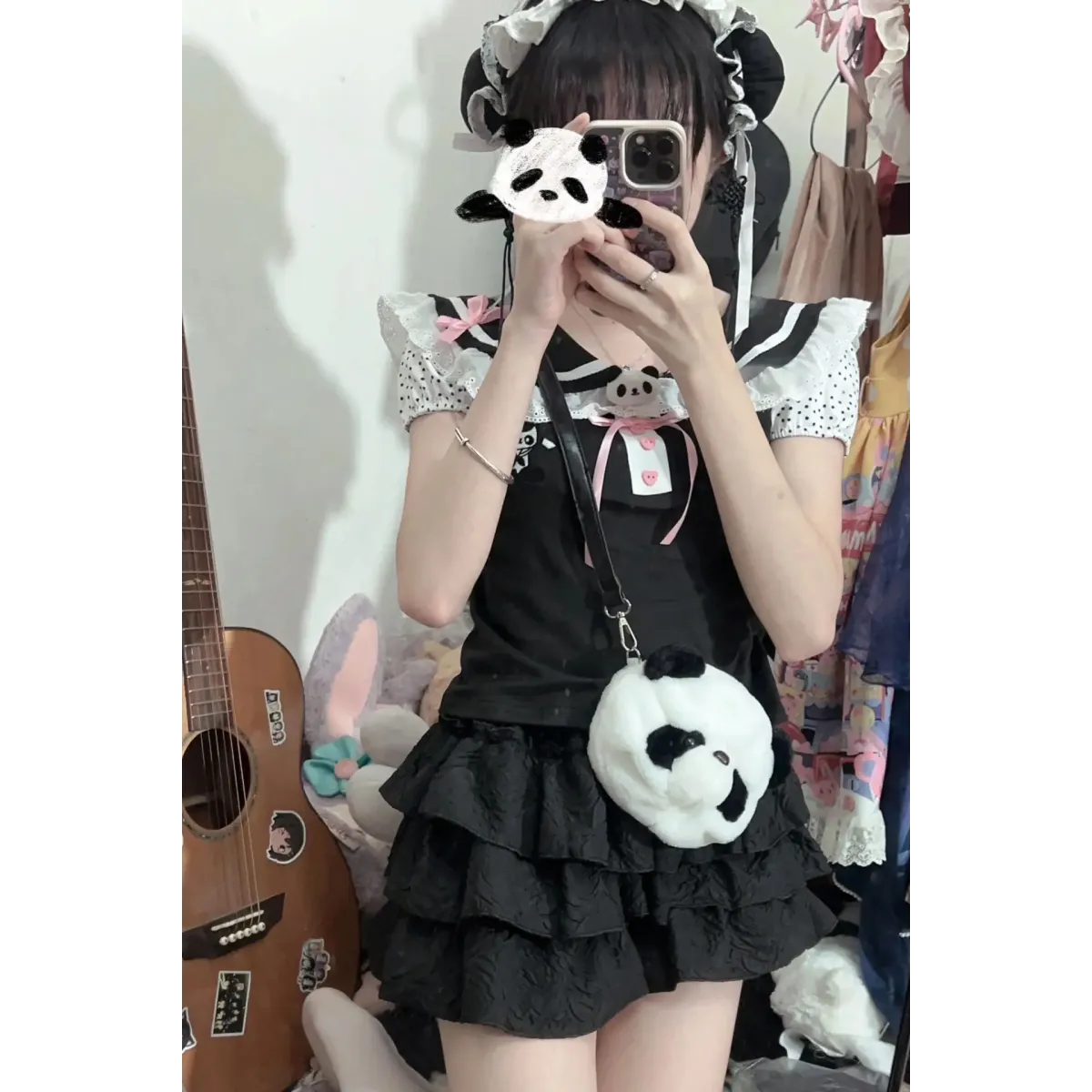 Kawaii Panda Embroidered Sailor Top – Harajuku Y2K Lace Tee