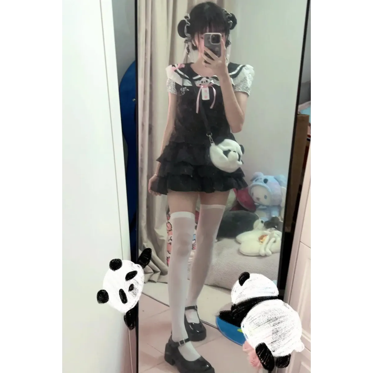 Kawaii Panda Embroidered Sailor Top – Harajuku Y2K Lace Tee